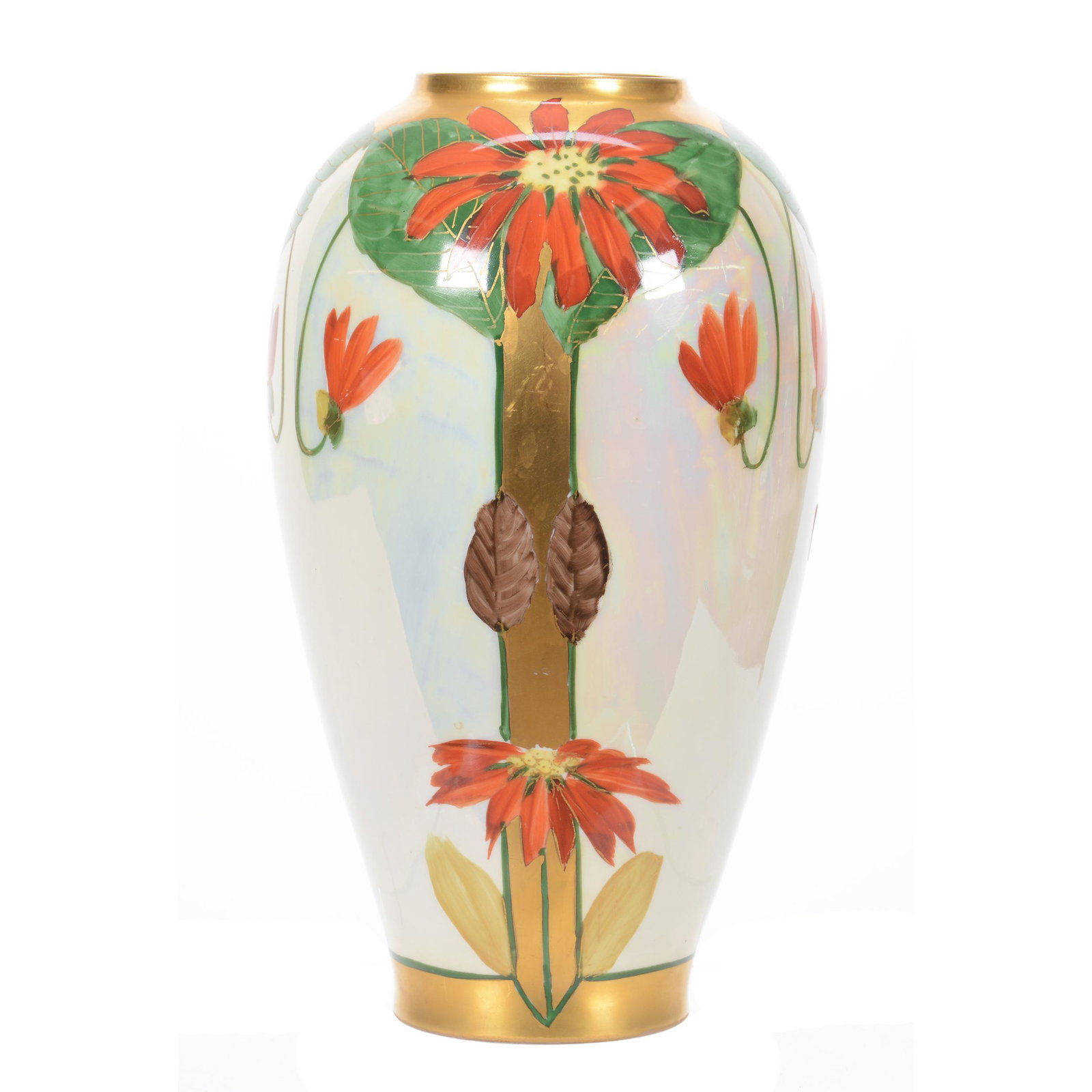 Vase Marked Pickard, Poinsettia Lustre Pattern: Vase Marked Pickard, Poinsettia Lustre Pattern, 11.25" x 6.5", Three Iridescent White Panels with Poinsettia and Gold Trim Highlights, Artist Signed "N.R. Gifford" for Nathan Roswell Gifford, Circa 19