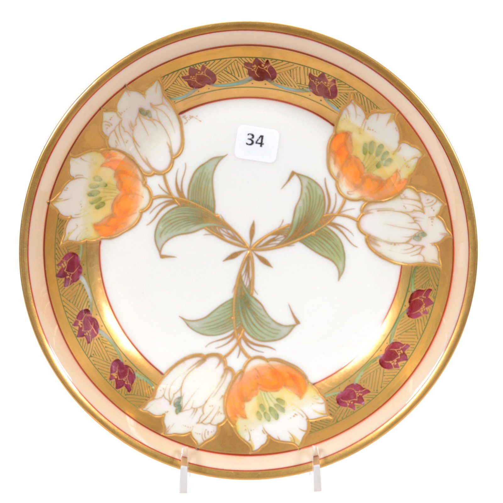Bowl Marked Pickard, Tulips in Lustre Pattern: Bowl Marked Pickard, Tulips in Lustre Pattern, 1.75" x 9", White Center with Stylized Tulip Decor, Heavy Gold Border, Artist Signed "Fish" for John Fischer, Circa 1905-1910, Haviland Limoges Blank, Pr