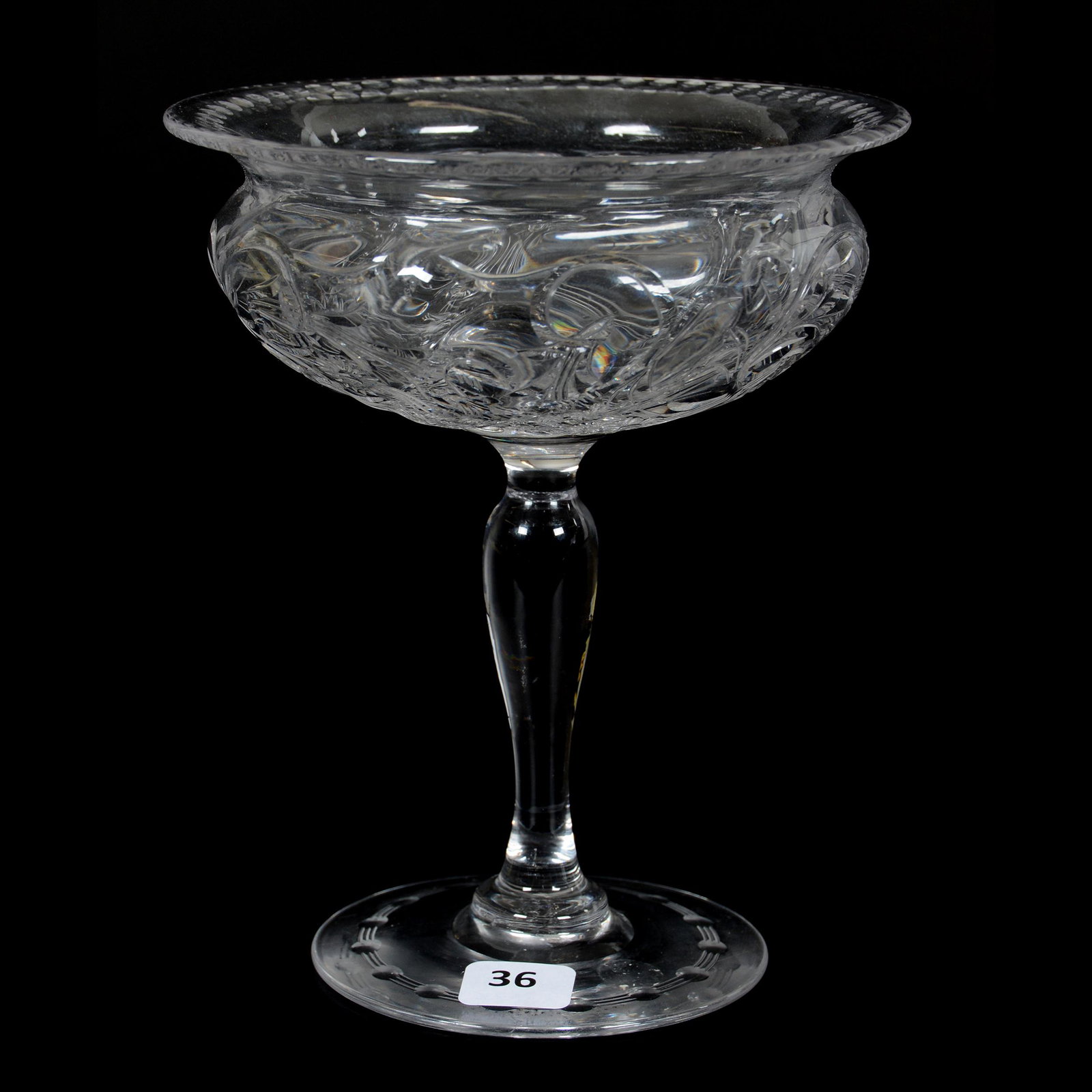 Compote, Brilliant Period Cut Glass: Compote, Brilliant Period Cut Glass, 7" x 5.75", Engraved Garland and Scroll Design, Attributed to Steuben, Private Collection