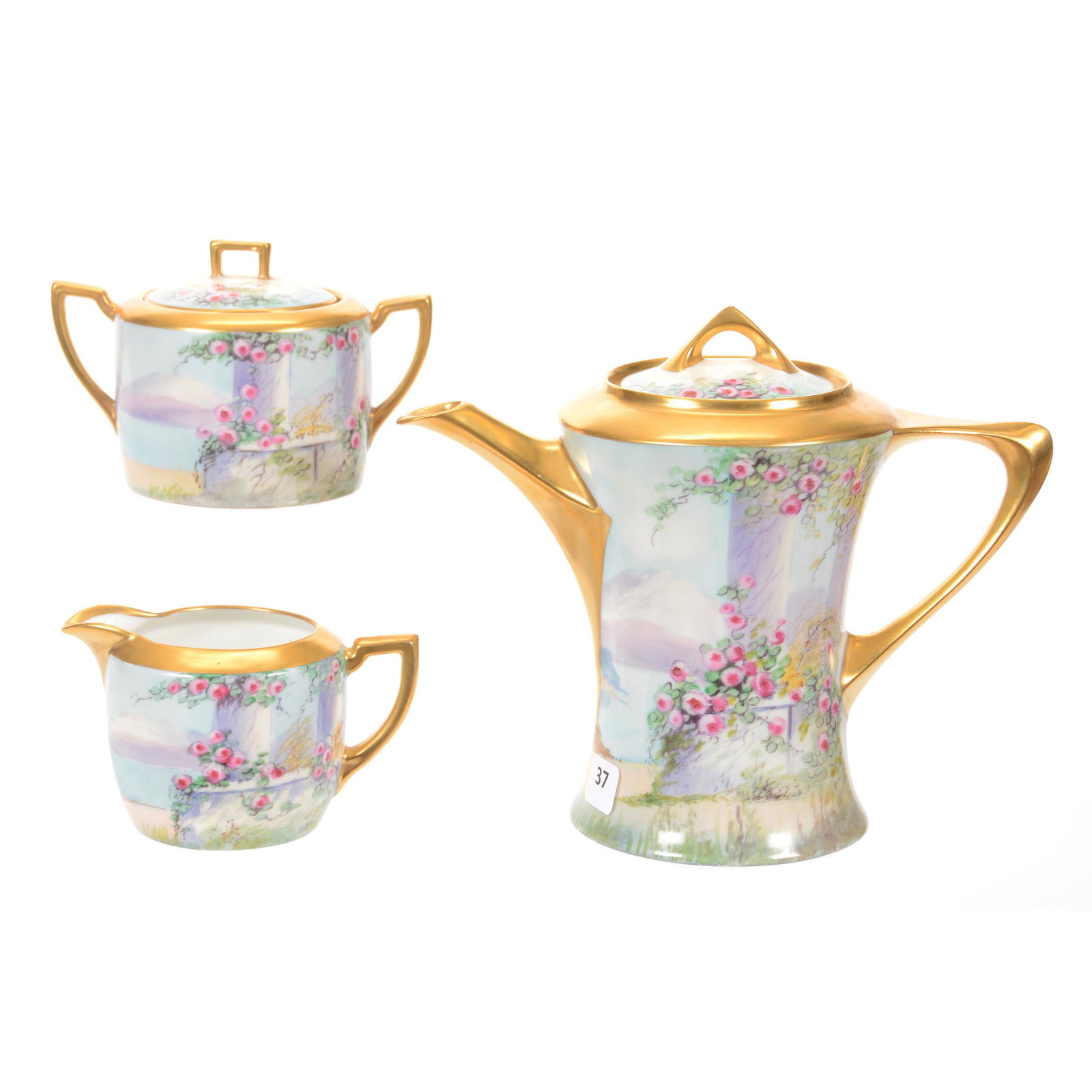 Tea Set Marked Pickard, Italian Garden Pattern: Tea Set Marked Pickard, Italian Garden Pattern, Three Piece Set Includes (1) 7.5" x 9" Tea Pot, Beautiful Pastel Colors Featuring Roses, Columns, Lake and Mountain Scenic Decor, Heavy Gold Trim, Match