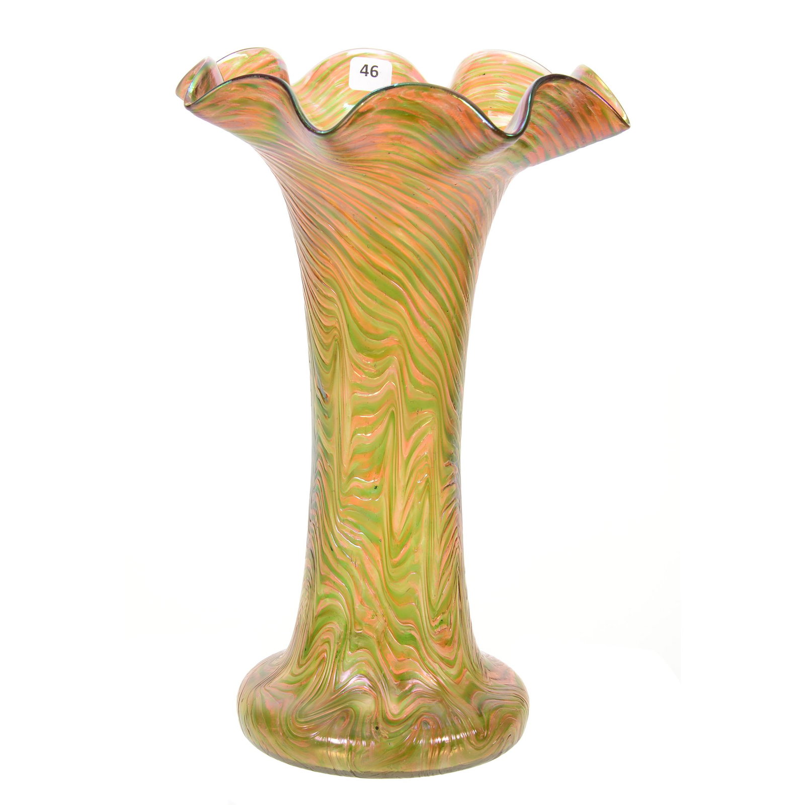 Vase Signed Loetz Austria (Questionable Signature): Vase Signed Loetz Austria, 13.25" x 8.75", Iridescent Green and Pink Swirled and Pulled Design, Ruffled Rim, Private Collection. UPDATED 9-1-20: The signature is questionable and attributed to the Rin