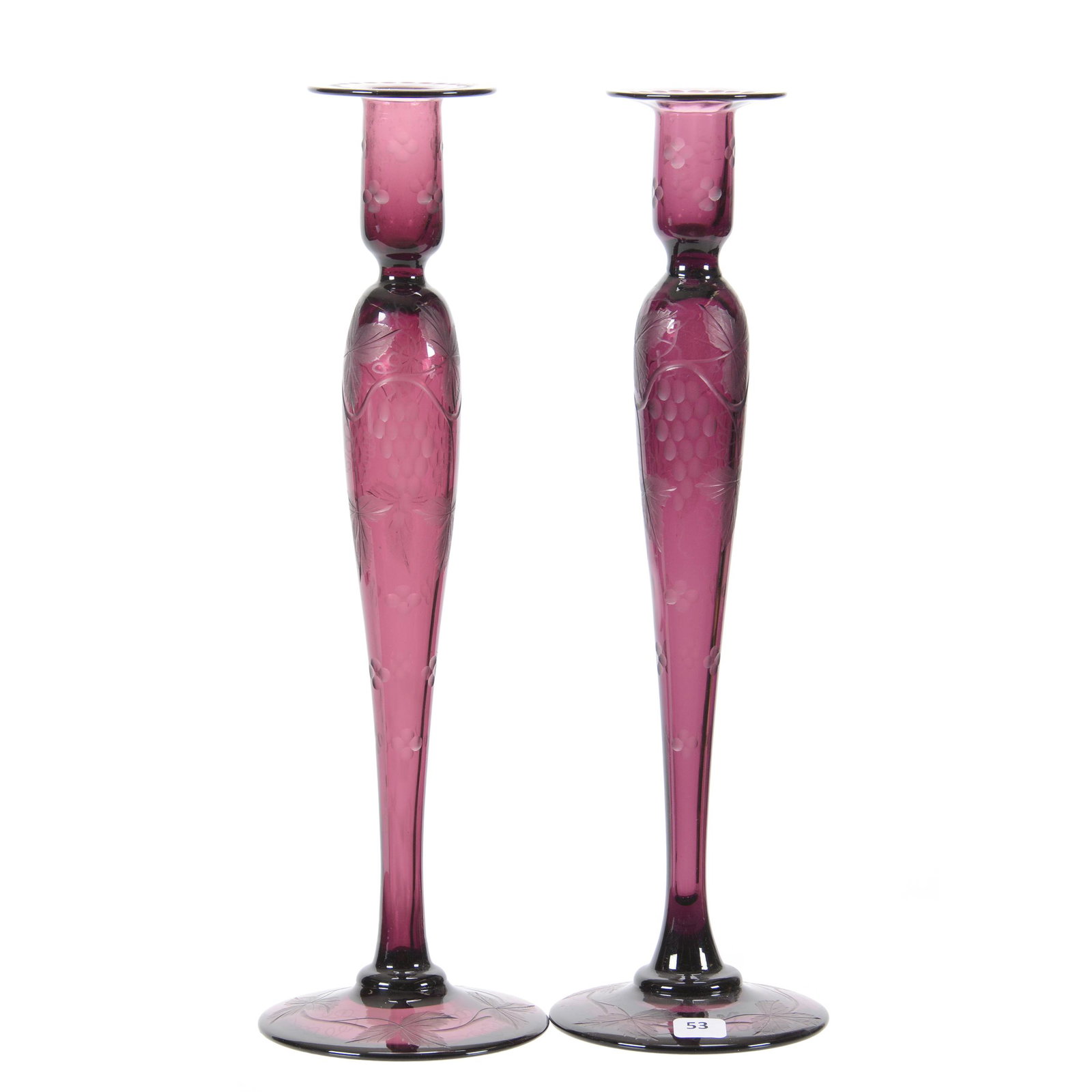 Pair Candle Holders, Solid Amethyst by Pairpoint: Pair Candle Holders, Solid Amethyst by Pairpoint, 15.75", Engraved Vintage Pattern, Private Collection