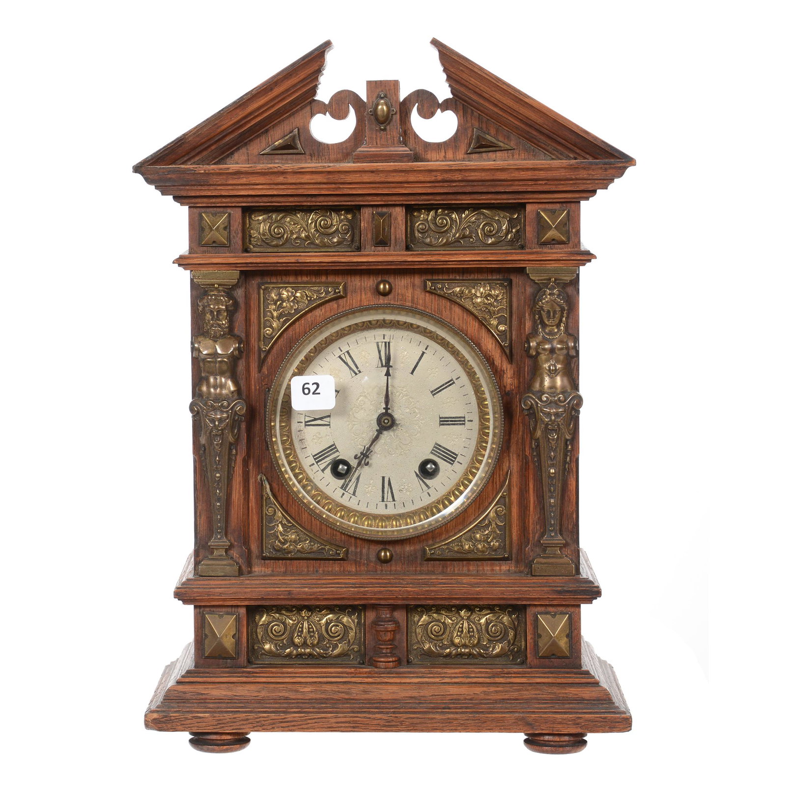 German Clock, Oak Case with Gilt Metal Fittings: German Clock, Oak Case with Gilt Metal Fittings, 14" x 9.5", Lenzkirch Works, Key Included, No Pendulum, Finial Top Piece Missing, West Coast Collection