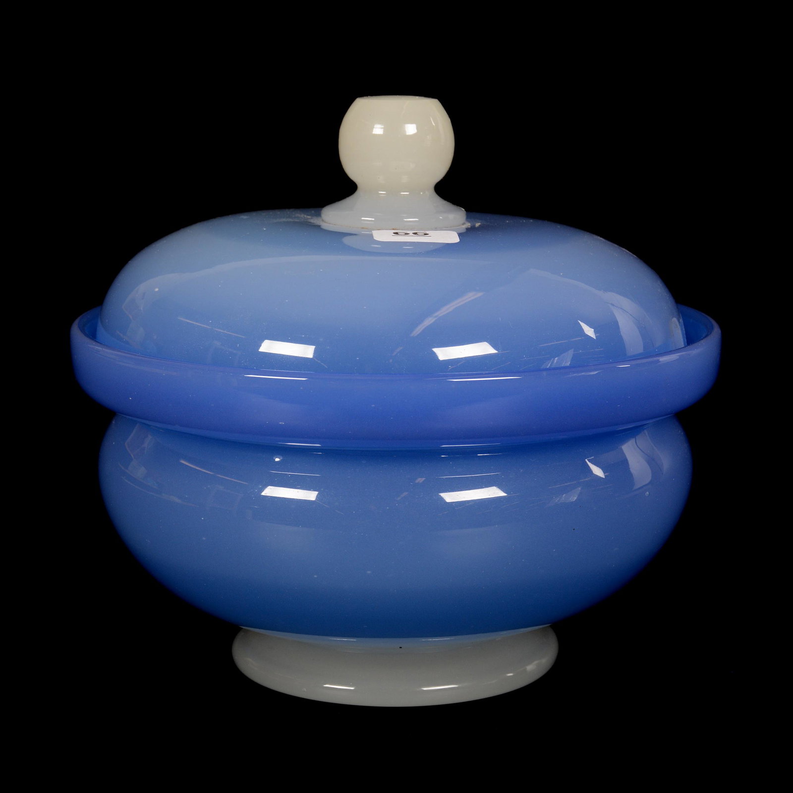 Covered Jar, Stevens & Williams Art Glass: Covered Jar, Stevens & Williams Art Glass, 6.25" x 7", by Frederick Carder, Blue Opaque with White Opaque Foot and Finial, Slot in Lid Intended for Ladle, Private Collection