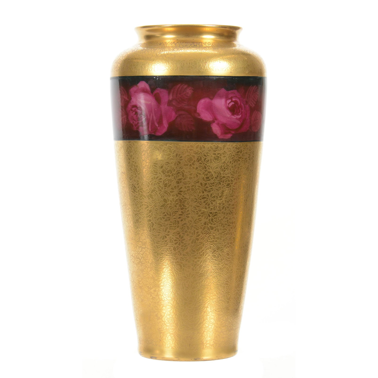 Vase Marked Pickard: Vase Marked Pickard, 10.25" x 5", Brocaded Gold Background, Dark Pink and Maroon Band with Red Roses, Artist Signed "Challinor" for Edward Challinor, Circa 1919-1922, Factory Drilled Hole in Base for 