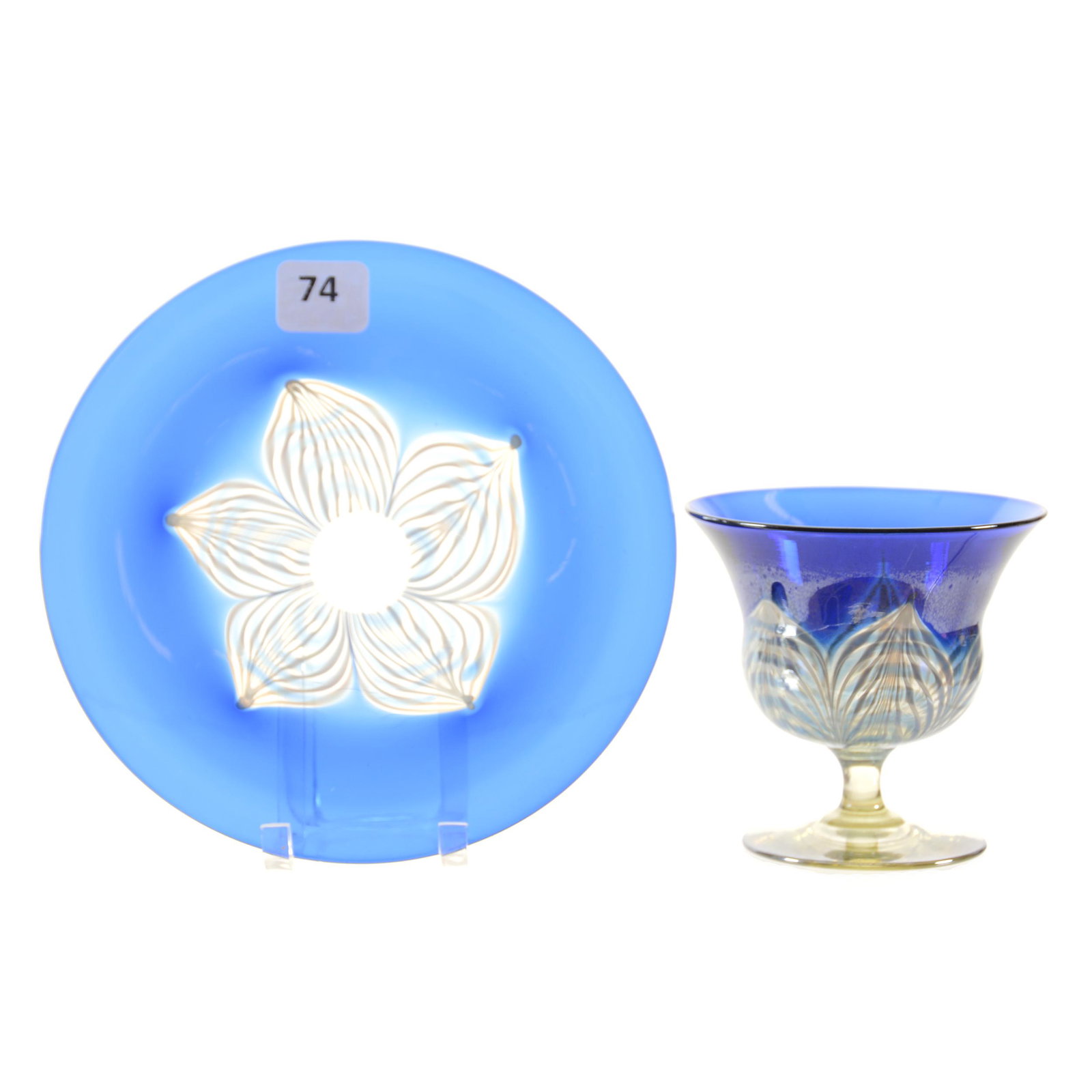 Pedestal Cup/Matching Plate, Unmarked Durand: Pedestal Cup/Matching Plate, Unmarked Durand, (1) 3.25" x 3.25" Pedestal Cup, Blue with Pulled Feather Design, (1) Matching 6" Plate, Private Collection