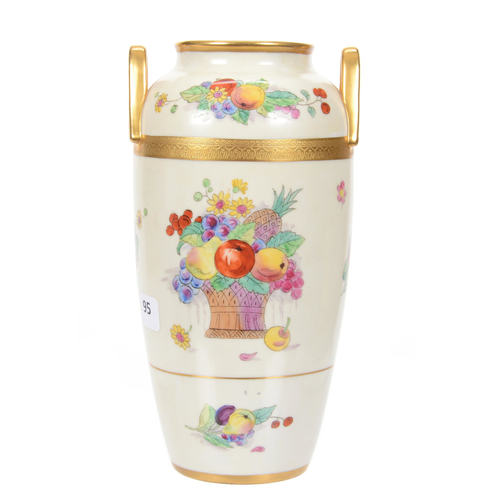 Two Handled Vase Marked Pickard, Fruit Basket Pattern: Two Handled Vase Marked Pickard, Fruit Basket Pattern, 8.75" x 4.75", Cream Background with Colorful Fruit Basket Decor, Gold Trim Highlights, Unable to Locate Artist Signature, Circa 1918-1922, Priva