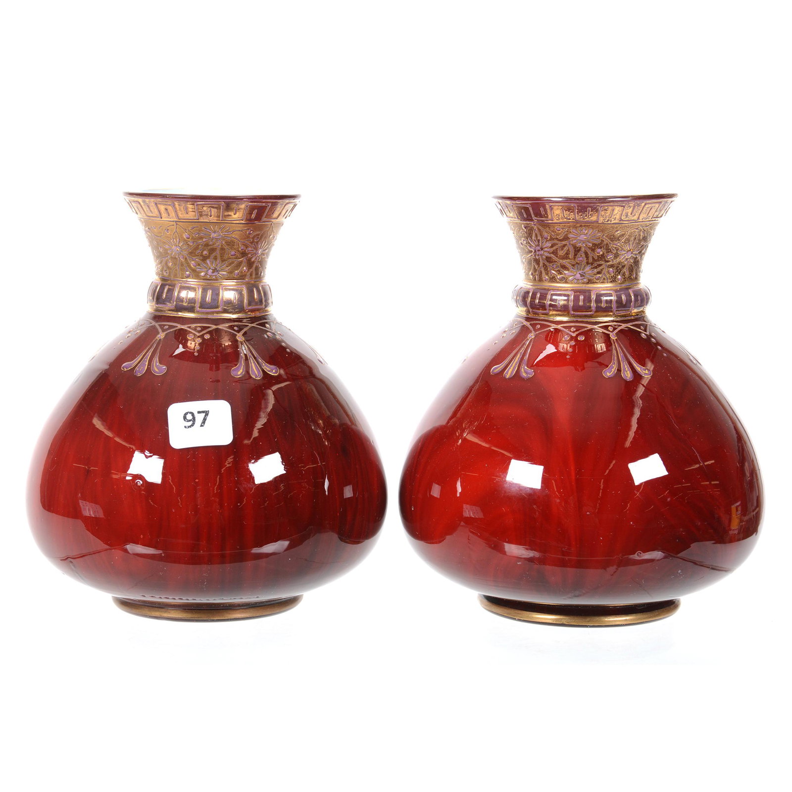 Pair Vases, Unmarked Loetz Carneol Pattern, Ca. 1888: Pair Vases, Unmarked Loetz Carneol Pattern, Circa 1888, 6.25" x 5.25", Gold Enamel Highlights, Private Collection