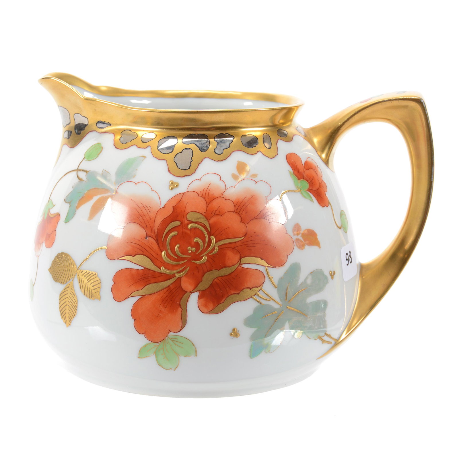 Cider Pitcher Marked Pickard: Cider Pitcher Marked Pickard, 6" x 8", White Lustre Background with Large Orange Floral & Green Leaves Decor, Gold Trim with Mirrored Silver Highlights, Artist Signed "Vobor" for Franz Vobornik", Circ