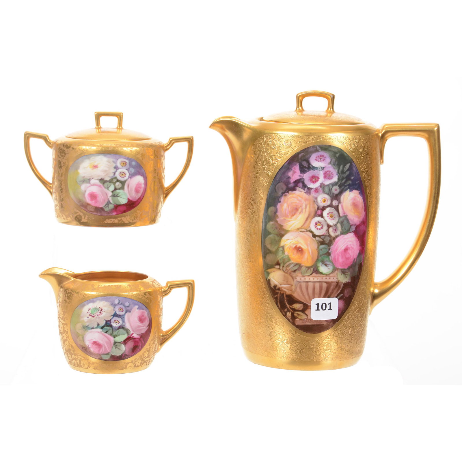 Tea Set, Three Piece, Marked Pickard: Tea Set, Three Piece, Marked Pickard, (1) 8.5" Tea Pot, Solid Brocaded Gold Background with Medallion of Roses, Artist Signed "Challinor" for Edward Challinor, Circa 1922-1925, Matching Creamer and Su
