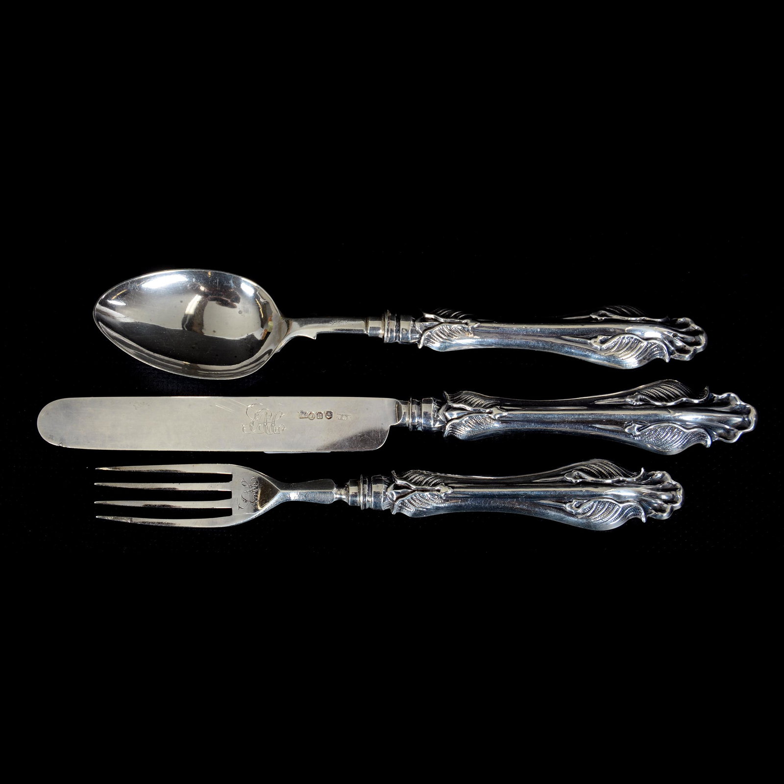 Sterling Three Piece Flatware Set, British Hallmarks: Sterling Three Piece Flatware Set, British Hallmarks, Made in Birmingham England by Hilliard & Thomason, 1855, Total Weight of 104 Grams, Set Includes Knife, Fork, and Spoon, Private Collection