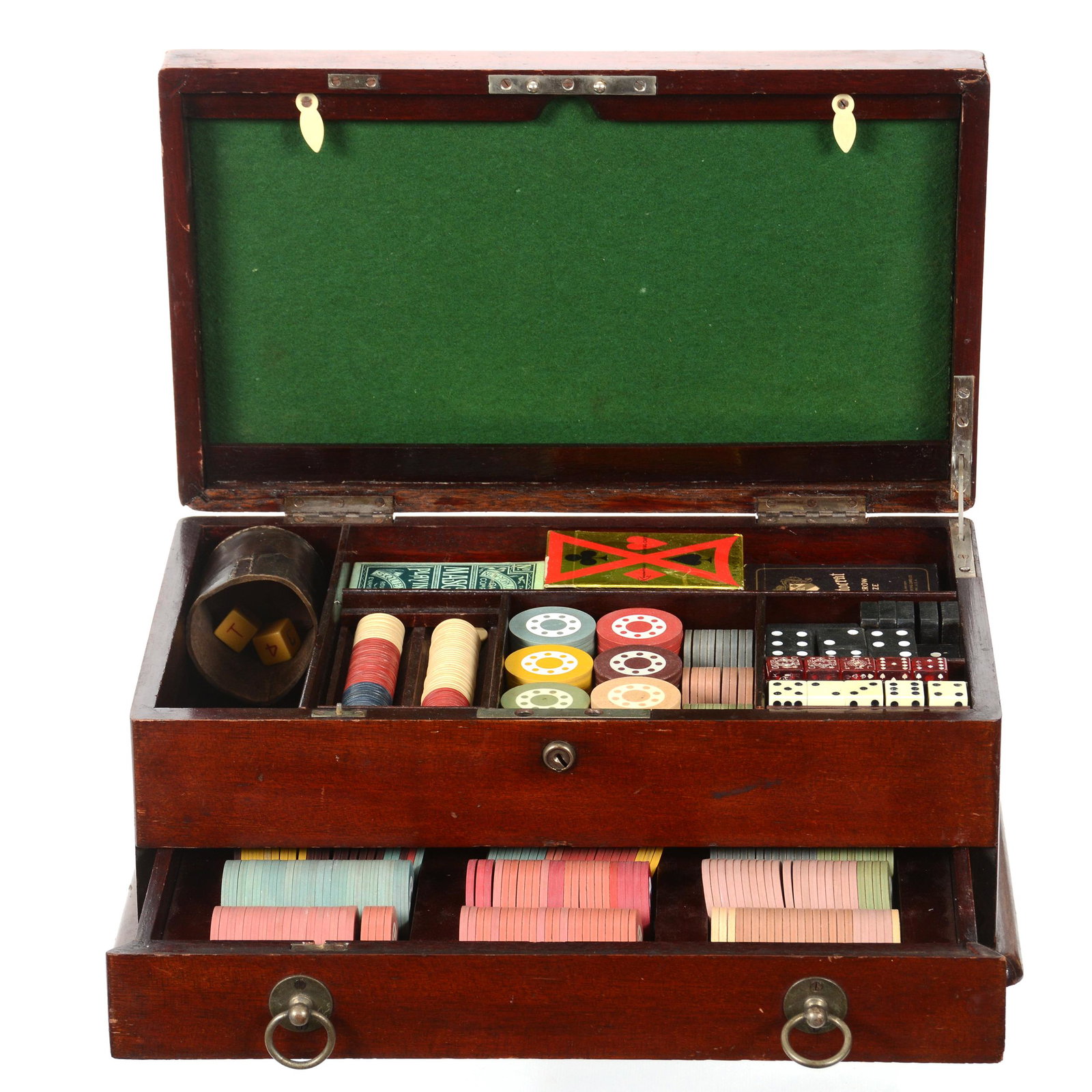 Original Mahogany Gambler's Traveling Case: Original Mahogany Gambler's Traveling Case, 6.25" x 15.5" x 9.5", Hinged Lid, Pull Out Drawer Which Holds Poker Chips, Vintage Dice, Dominos, Playing Cards and More, Game Board Which Originally Fitted