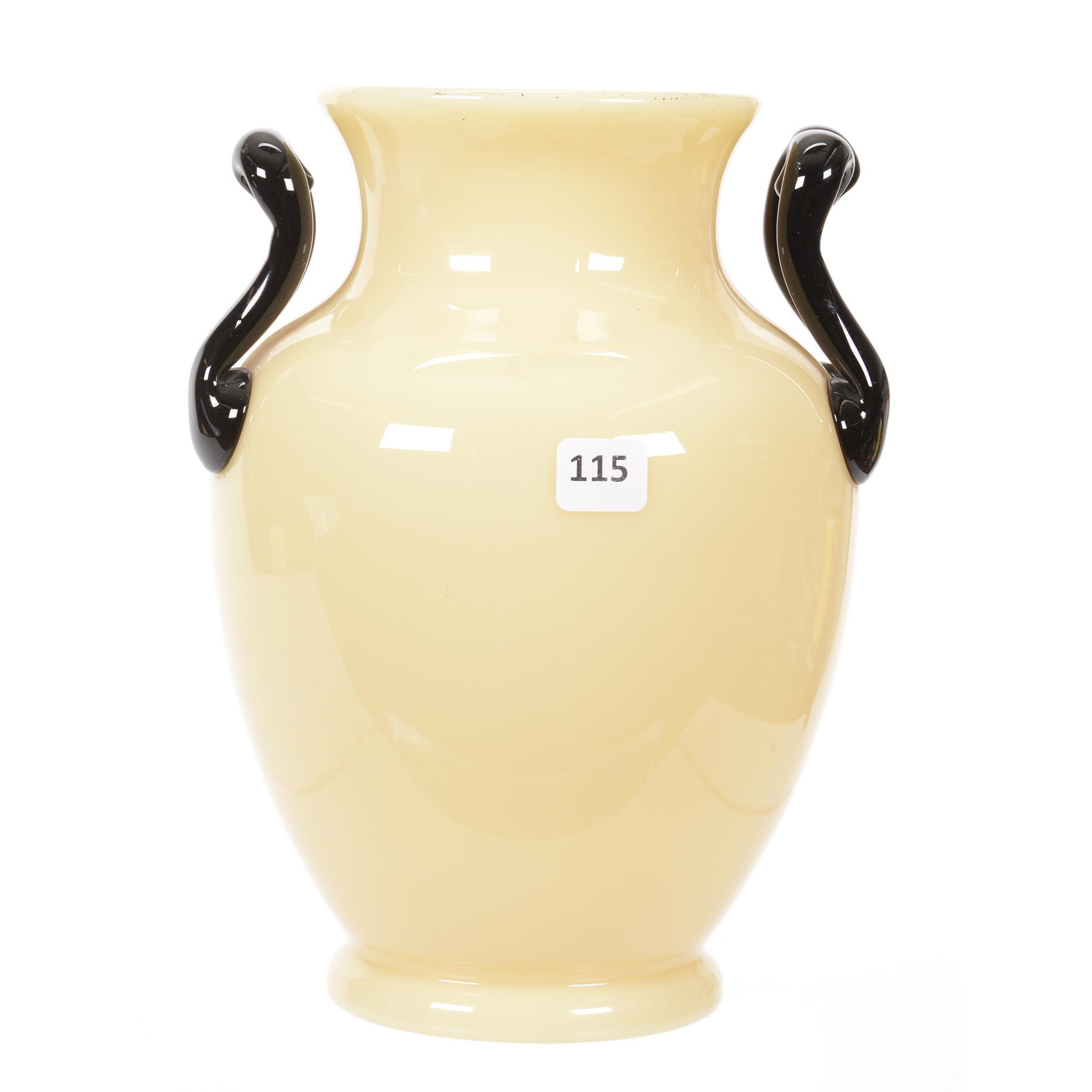 Vase, Two Handles, Steuben Ivory Color Art Glass: Vase, Two Handles, Steuben Ivory Color Art Glass, 9.5" x 6.75", Mirror Black Urn Shaped Applied Handles, Shape #6795, Signed "F. Carder", Private Collection