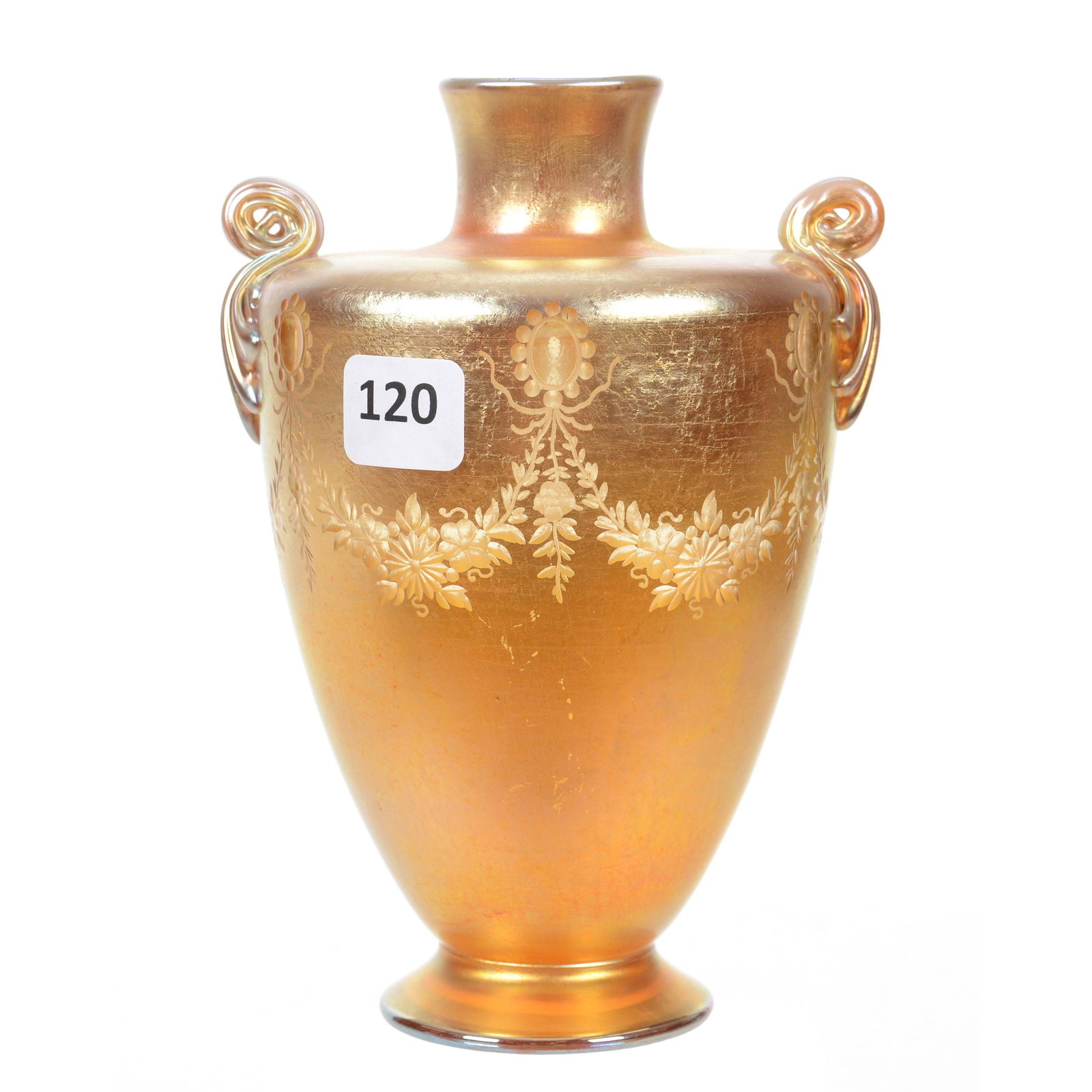 Vase, Footed, Signed "L.C. Tiffany-Favrile 338H": Vase, Footed, Signed "L.C. Tiffany-Favrile 338H", 6.25" x 4.5", Gold Iridescence with Applied Ribbed Curled Rib Design, Carved Floral Garland and Medallion Design, From a Pacific Northwest Collection