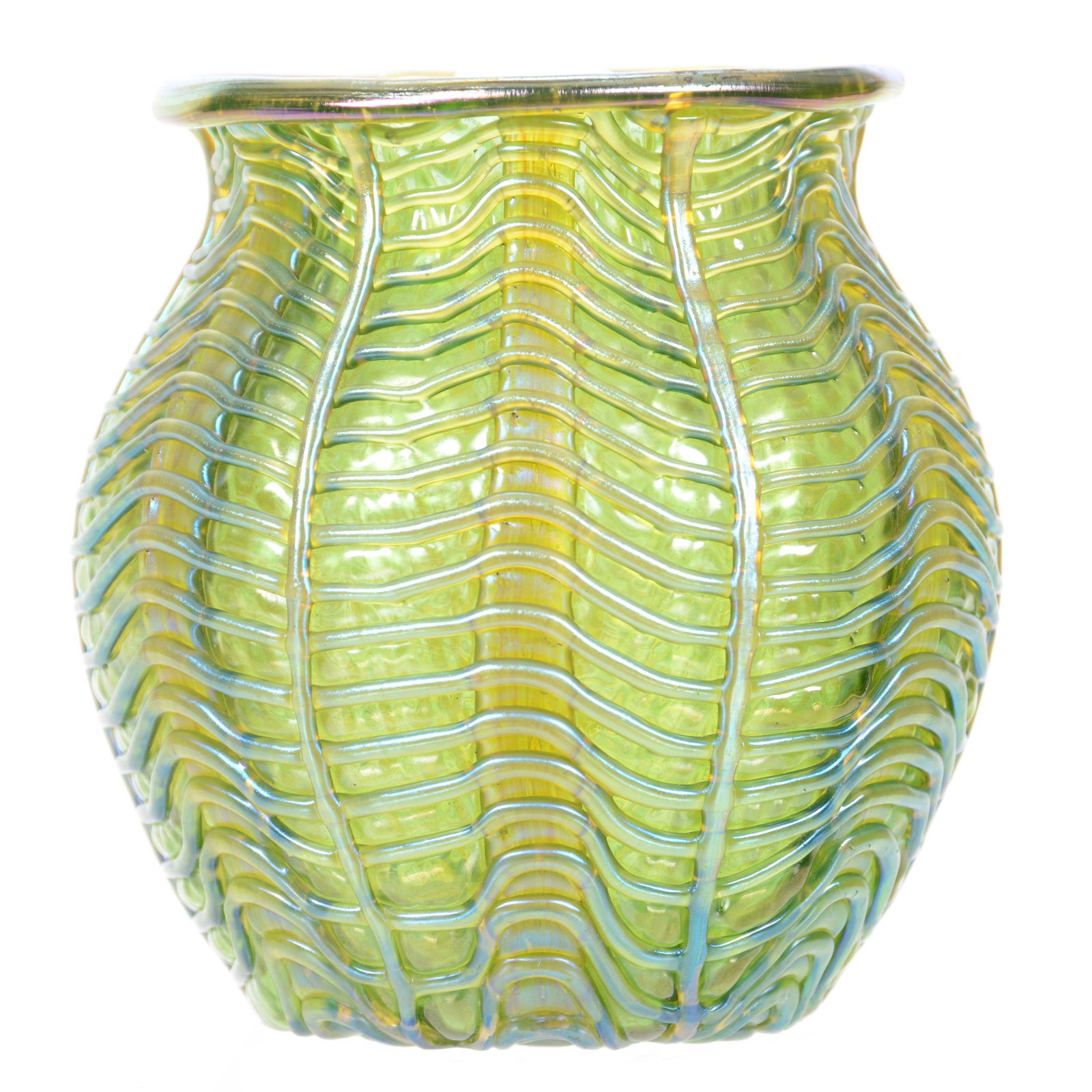 Vase, Unmarked Loetz Art Glass: Vase, Unmarked Loetz Art Glass, 4.75" x 4.75", Iridescent Green with Unique Applied Threading Design Resembling Antigon, 2" Crack in Base, Private Collection