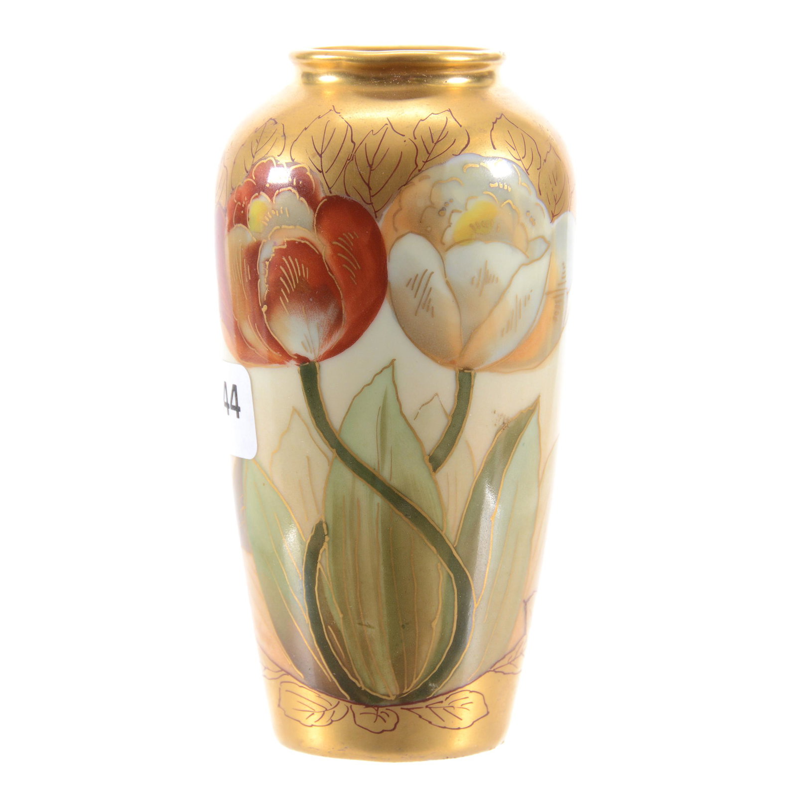 Vase Marked Pickard, Twin Tulip Design: Vase Marked Pickard, Twin Tulip Design, 5" x 2.75", Cream Background, Heavy Gold, Artist Signed "Schoner" for Otto Schoner, Circa 1905-1910, Private Collection, IL