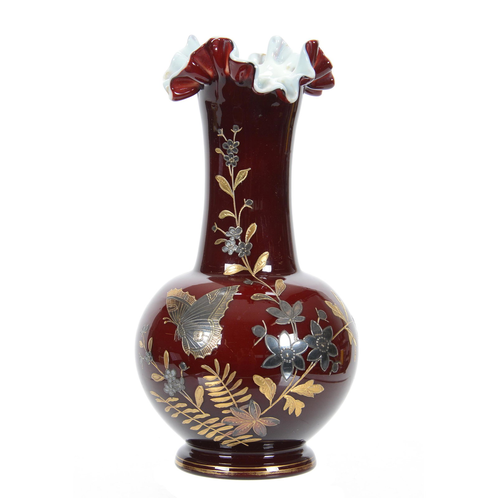 Vase, Cased Art Glass, Unmarked Webb: Vase, Cased Art Glass, Unmarked Webb, 8.25" x 4.25", Deep Burgundy Exterior, White Interior, Silver and Gold Enamel Butterfly and Blossom Decor, Private Collection