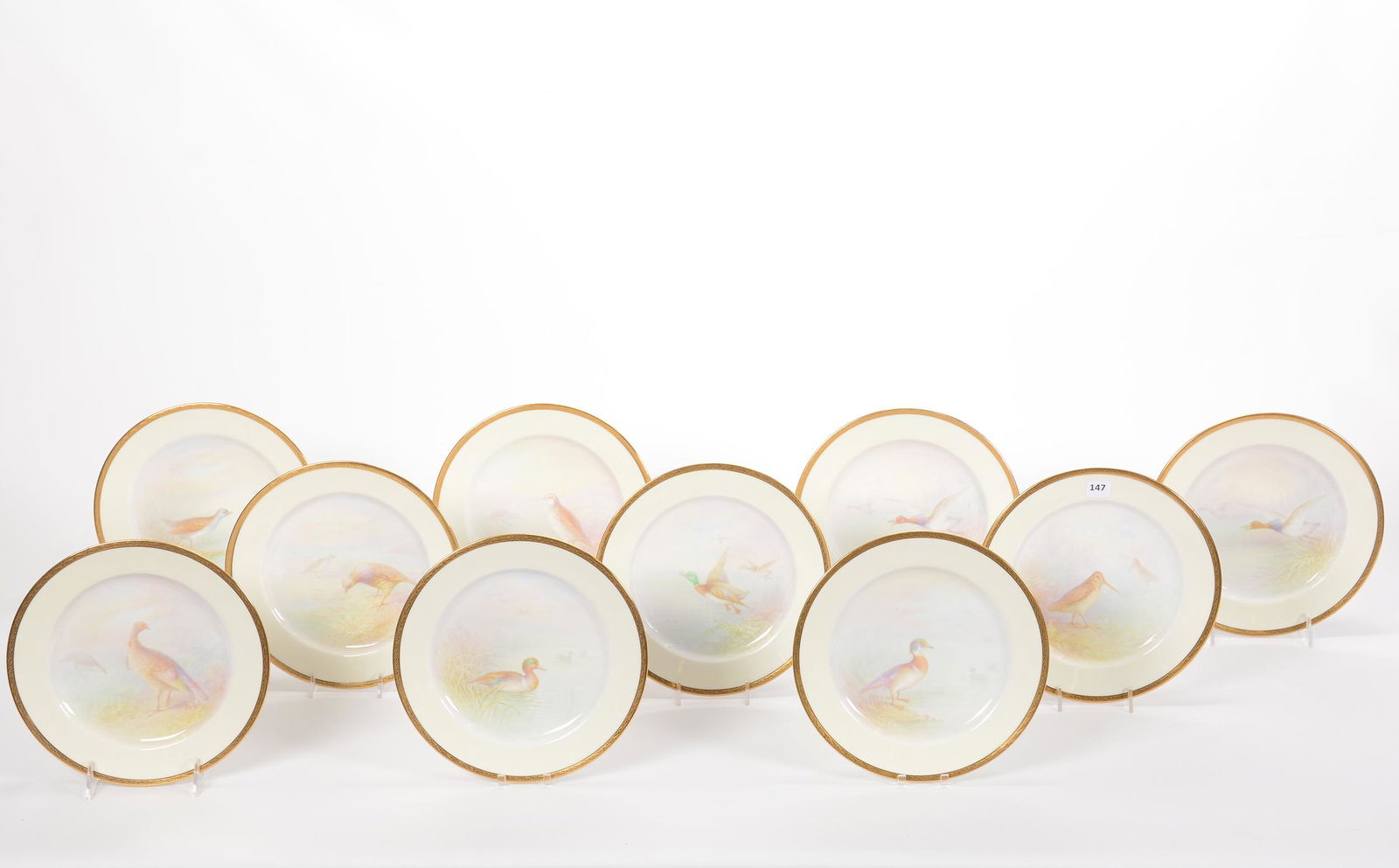 (10) Dinner Plates Signed Tiffany & Company: (10) Dinner Plates Signed Tiffany & Company, 9", Lenox Blanks, Cream Tones with Heavy Gold Border, Hand Painted Game Bird Scenic Decor, Includes Woodcock, Partridge, Rail, Wild Turkey, Wood Duck, Mall