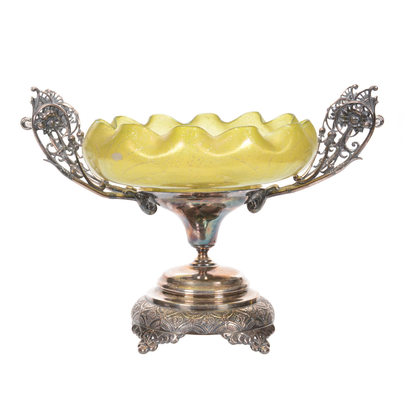 Victorian Brides Basket: Victorian Brides Basket, 9" x 12.5", Green Iridescent Ruffled Bowl with Silver Mica Highlights, Set on Webster #98 Silverplate Frame, Good Fit, Private Collection, KS