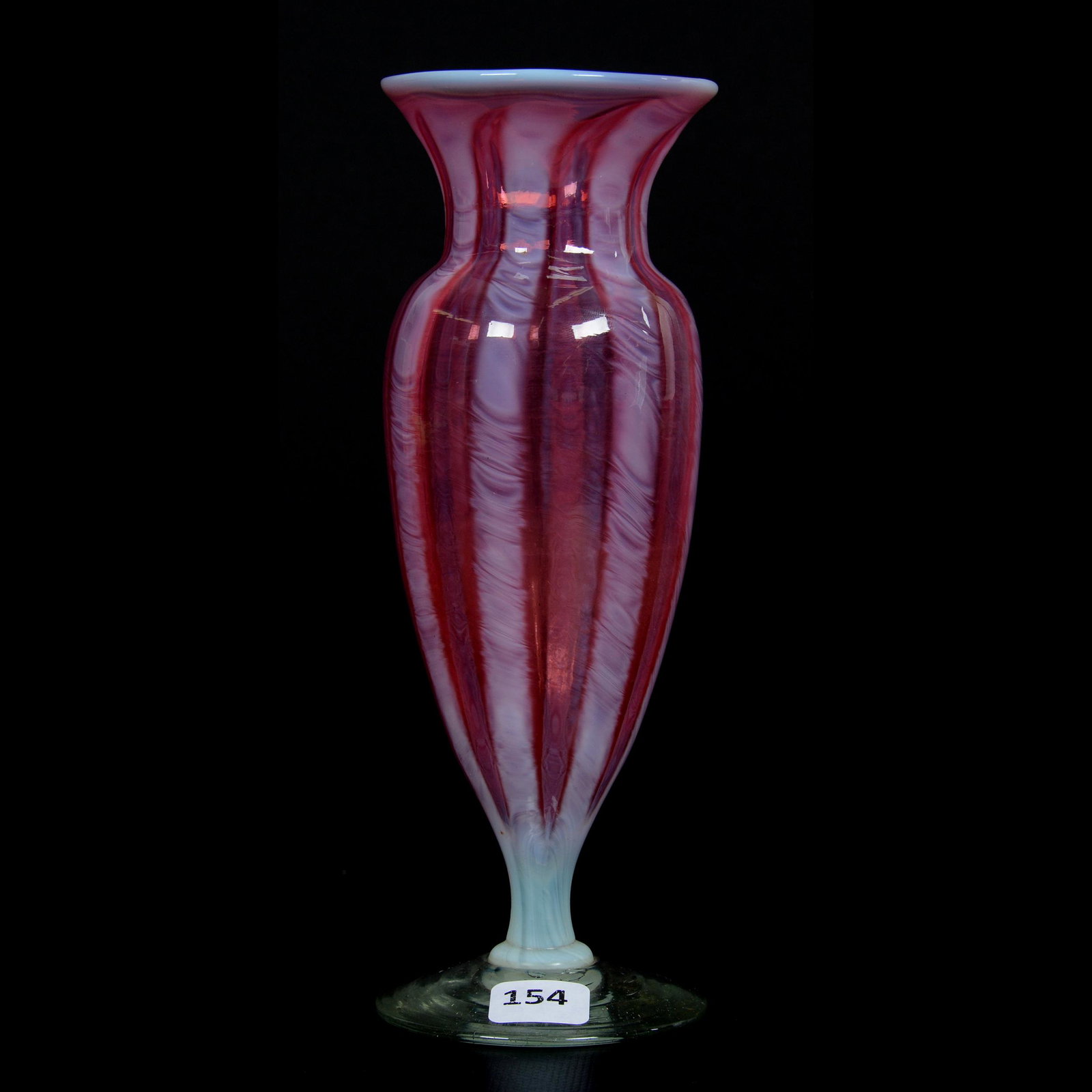 Vase, Oriental Poppy by Steuben, Pedestal: Vase, Oriental Poppy by Steuben, Pedestal, Tiffany Style Art Glass, 8.25" x 3", Cranberry Opalescent Striped with Clear Foot, Private Collection. UPDATED 9-22-20: Added Pattern and Maker.