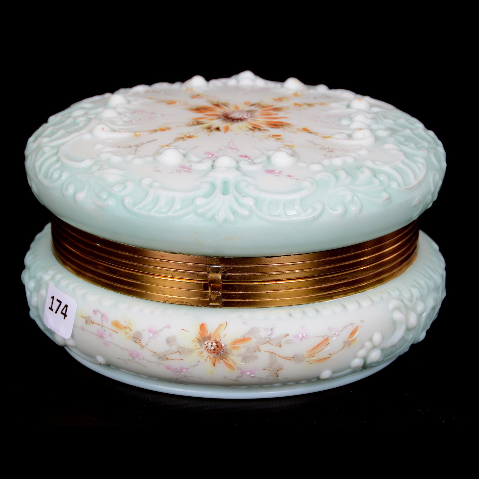 Hinged Dresser Box, Wave Crest Banner Mark: Hinged Dresser Box, Wave Crest Banner Mark, 4" x 7", Scroll and Lattice Mold, Pale Green and White Tones with Sunflower Decor, Replacement Green Lining, The Bishop Collection, OH