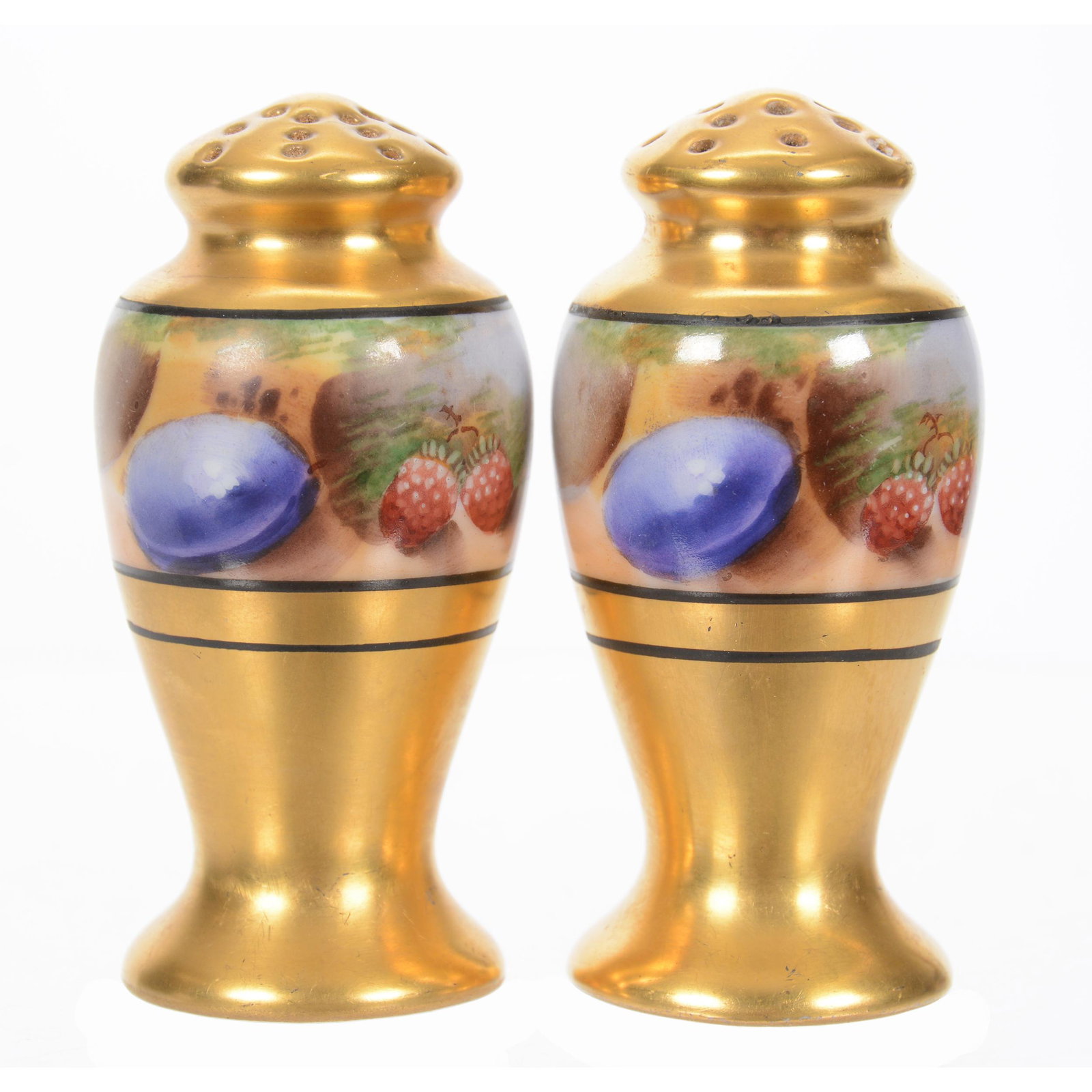 Salt & Pepper Set, Unmarked Pickard: Salt & Pepper Set, Unmarked Pickard, 3.5", Beautiful Fruit Decor with Extensive Gold Trim, Artist Signed "Osborne", Private Collection, IL