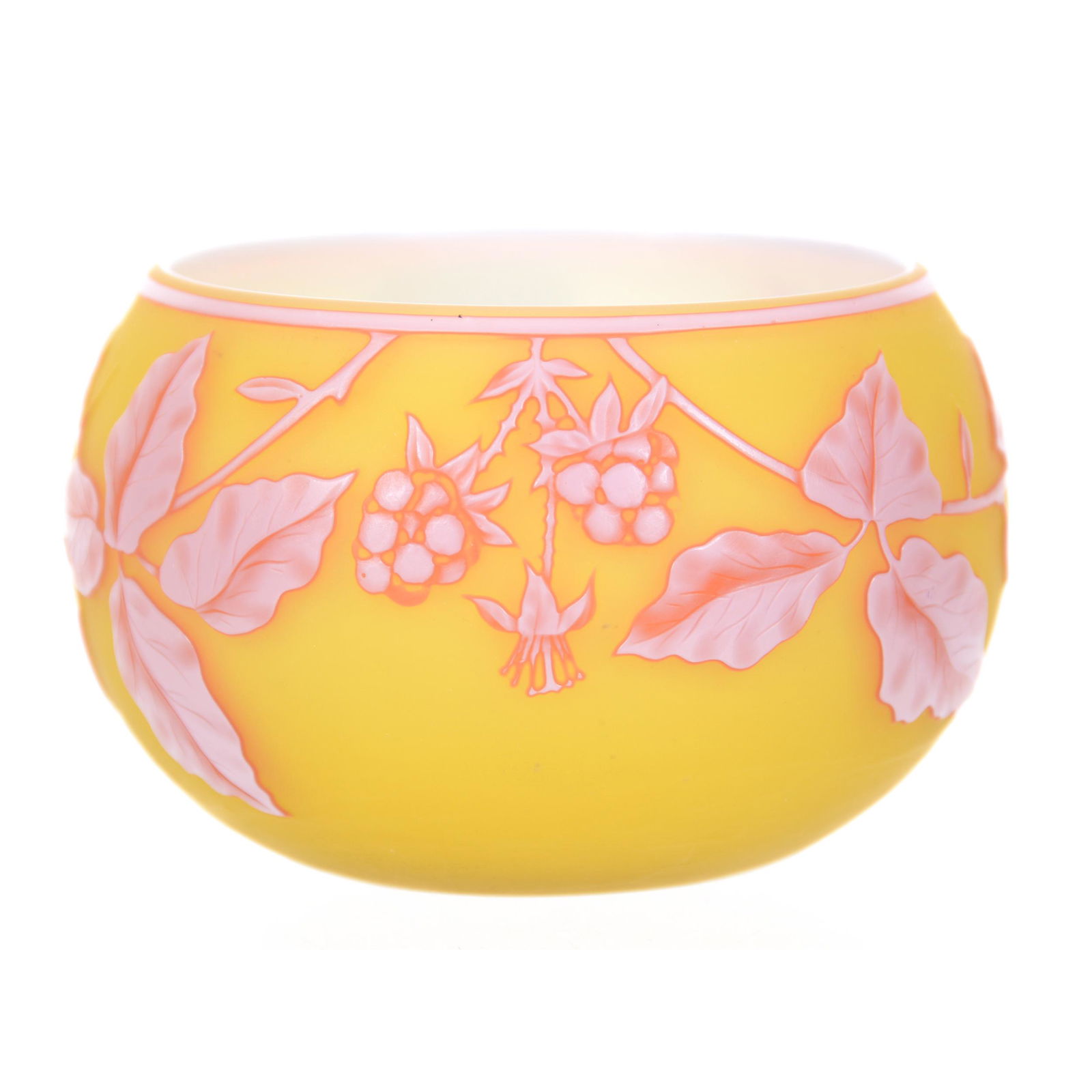 Vase/Open Salt, Signed Thomas Webb & Sons English Cameo: Vase/Possible Open Salt, Signed Thomas Webb & Sons English Cameo, 2" x 3.5", Three Color, Yellow Background with Pink and White Cameo Carved Berry and Leaf Decor, Private Collection. UPDATED 9-8-20: P