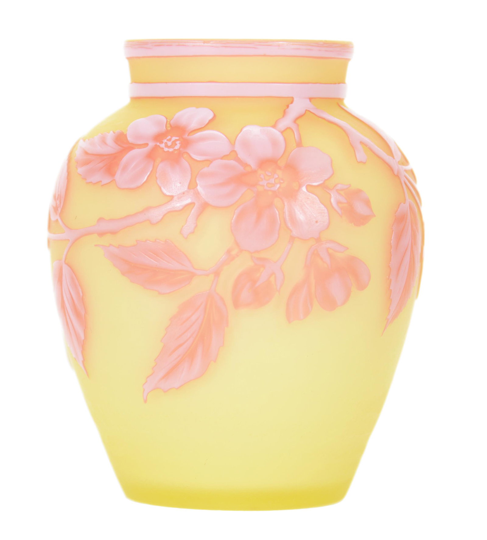 Vase, Miniature, Unmarked English Cameo by Webb: Vase, Miniature, Unmarked English Cameo by Webb, 2.75" x 2.25", Three Color, Yellow Background with Pink and White Cameo Carved Blossom and Branch Decor, Private Collection