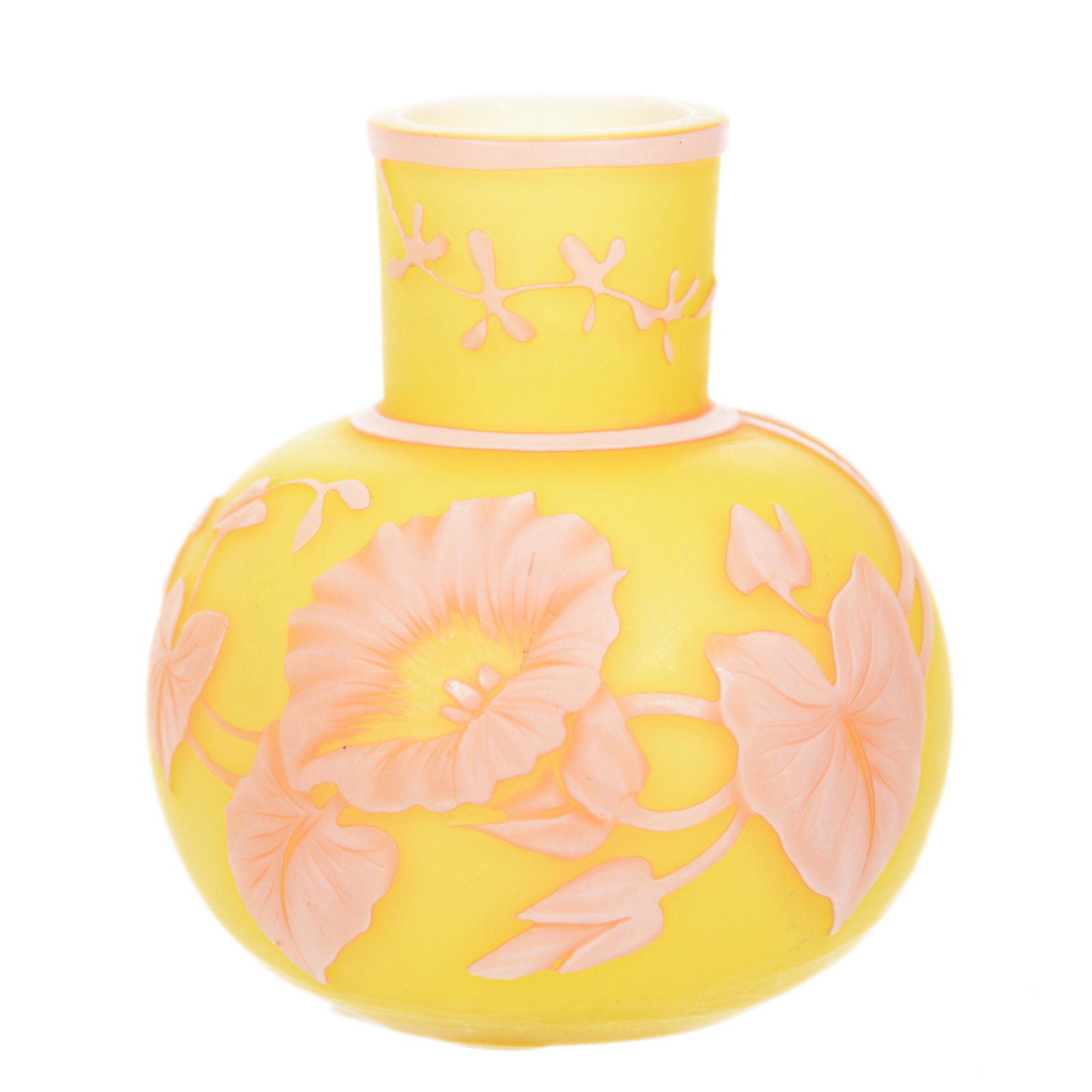Vase, Miniature, Unmarked English Cameo by Webb: Vase, Miniature, Unmarked English Cameo by Webb, 2.25" x 2", Three Color, Yellow Background with Pink and White Cameo Carved Morning Glory and Butterfly, Private Collection