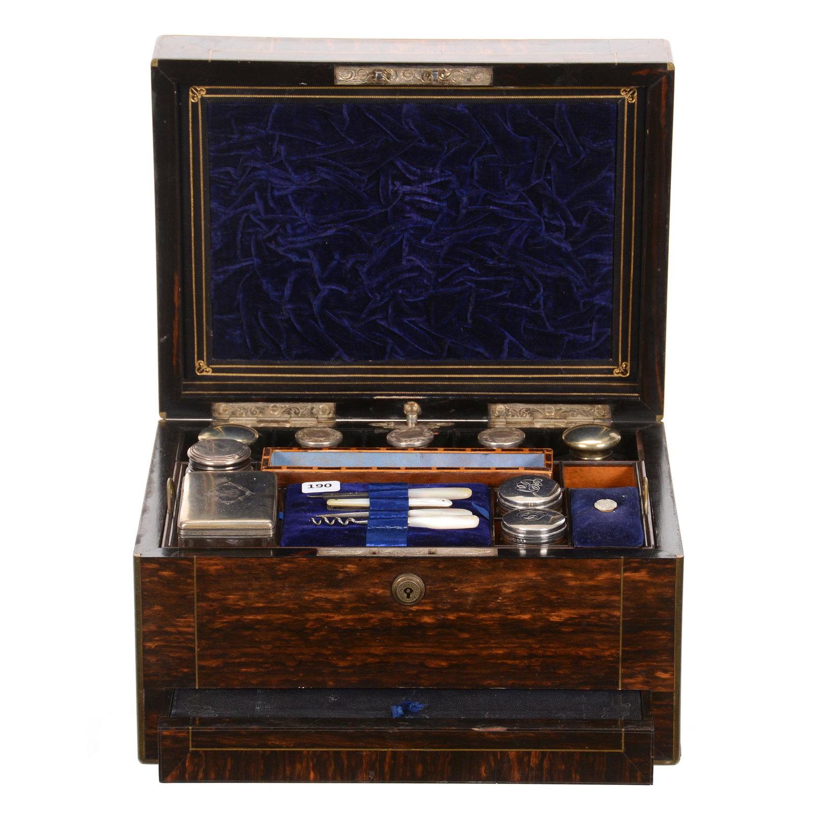 Original Travel Box Marked Bramah, London: Original Travel Box Marked Bramah, London, 7.25" x 12.25" x 9", (3) Hidden Compartments/Tray, One Button Release for Lower Drawer, One Hidden Compartment in Lid, (13) Vanity Items with English Hallmar