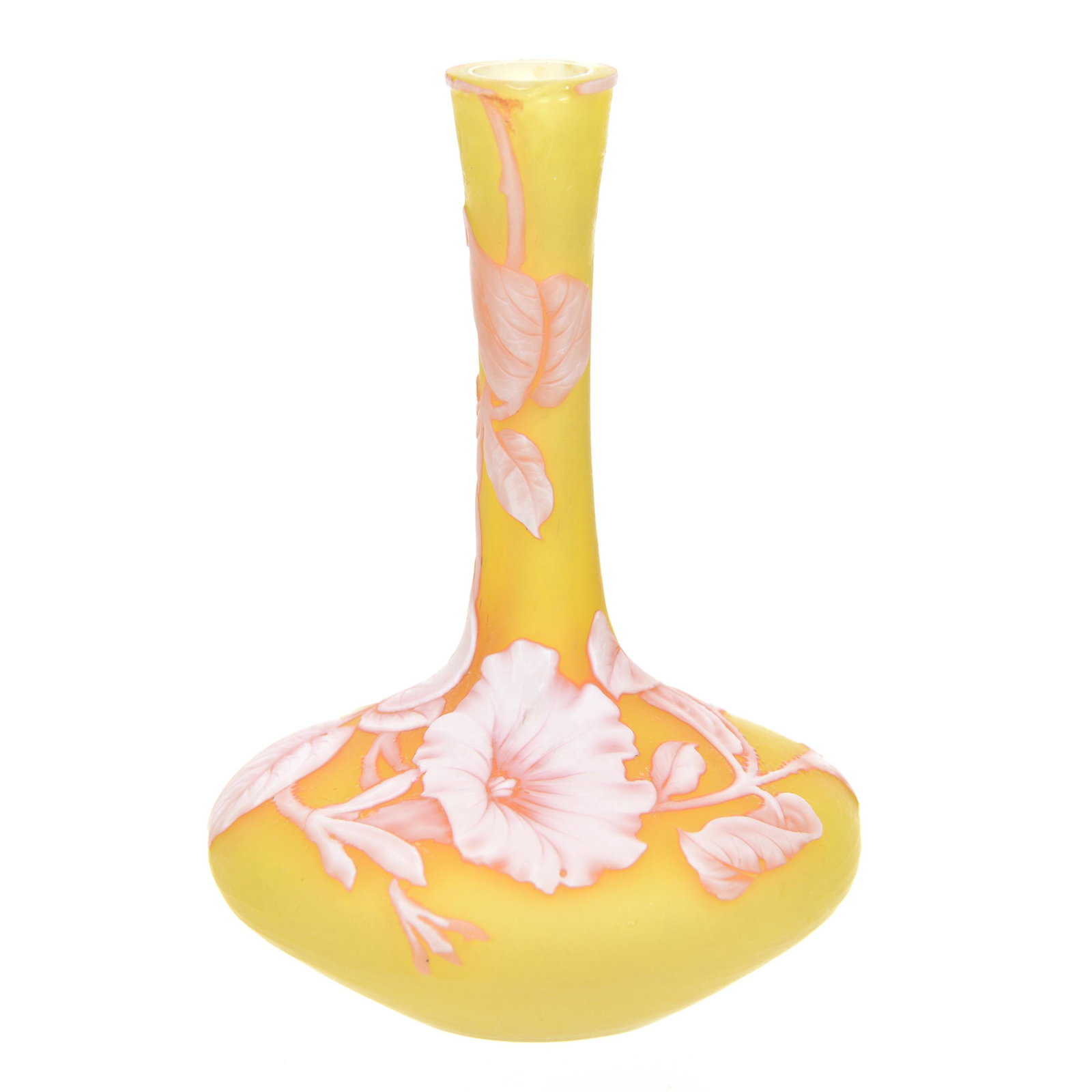 Vase, Miniature, Unmarked English Cameo by Webb: Vase, Miniature, Unmarked English Cameo by Webb, 4" x 2.75", Three Color, Yellow Background with Pink and White Cameo Carved Morning Glory Decor, Very Detailed, Rare!, Two Rim Chips, Private Collectio