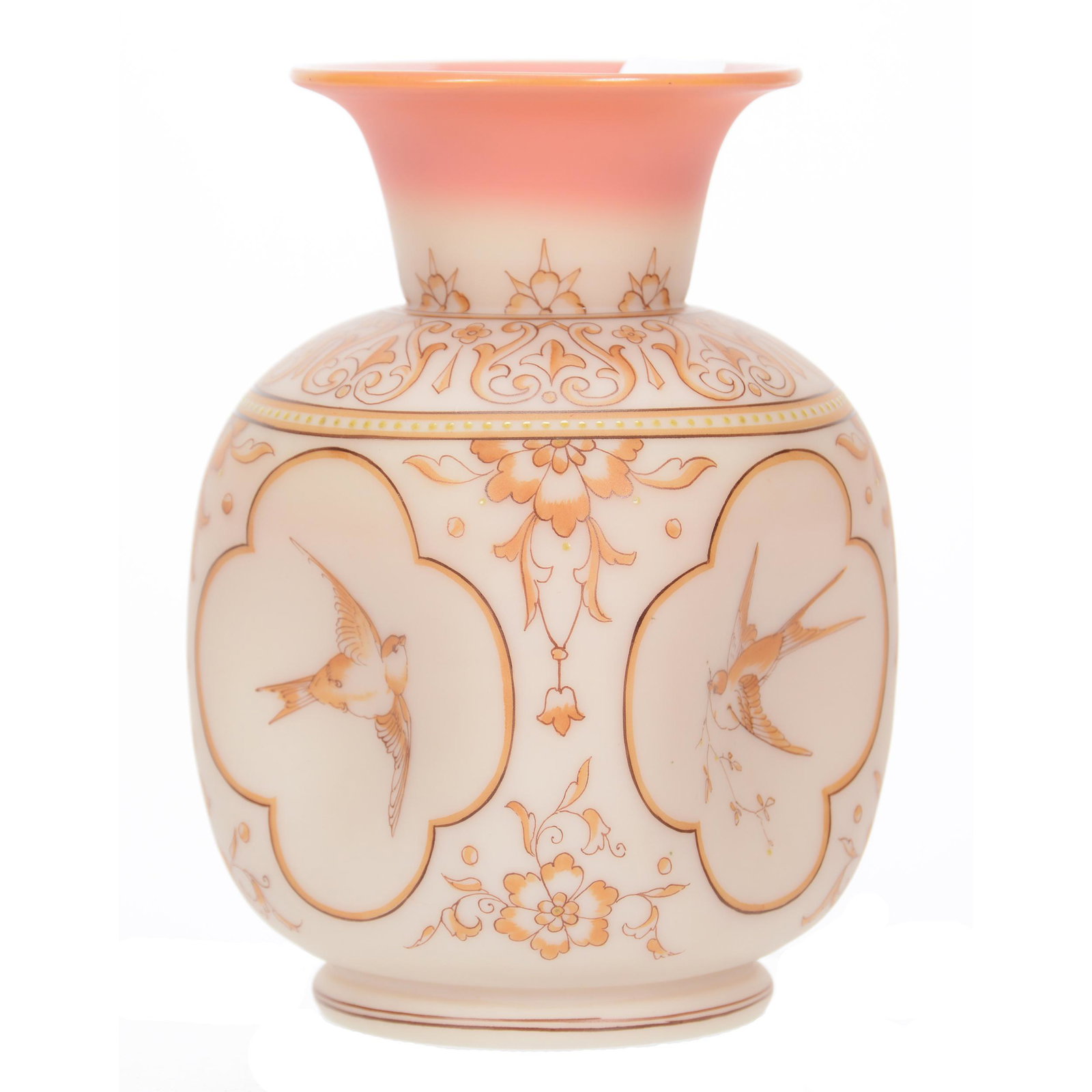 Vase, Unmarked Webb Decorated Burmese: Vase, Unmarked Webb Decorated Burmese, 6.25" x 4", Four Sided, Dimpled, Delicate Bird, Floral and Scroll Design, Private Collection
