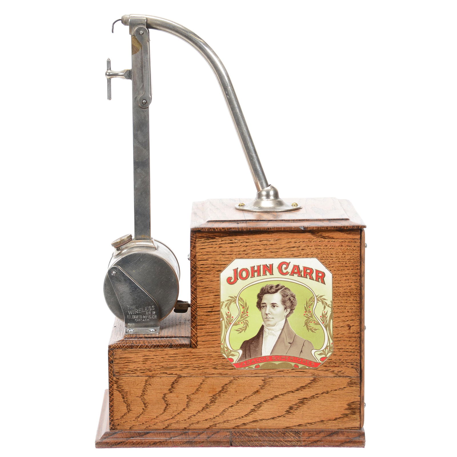 Vintage Oak Case Cigar Lighter "The Wireless #12": Vintage Oak Case Cigar Lighter "The Wireless #12", 15.5" x 7.75" x 9.75", Good Working Condition, has Had Three Paper Labels Added to Case, West Coast Collection