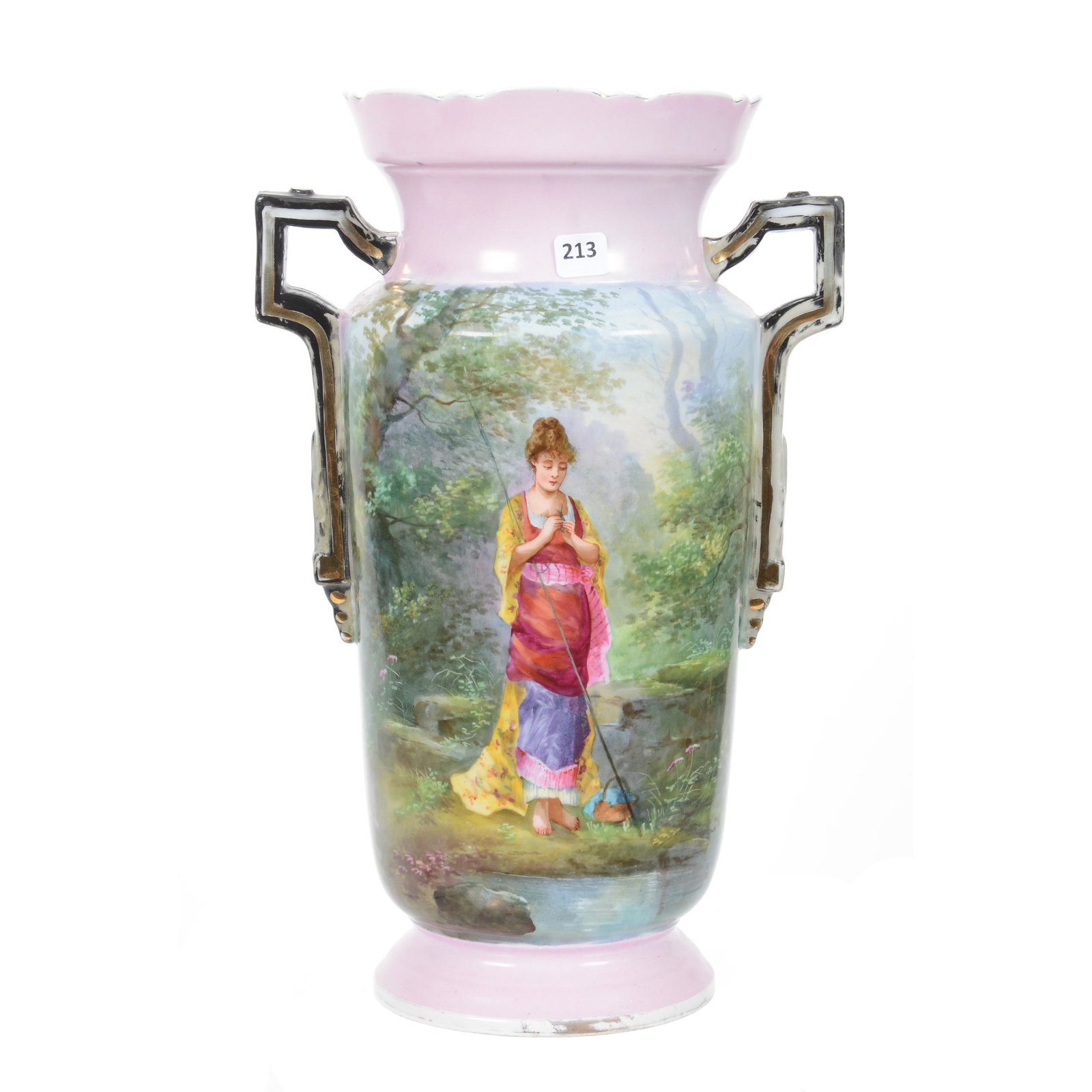 Vase, Old Paris, Hand Painted Scenic Decor: Vase, Old Paris, Hand Painted Scenic Decor, 15.5" x 10", Pink Trim with Scene of Young Woman Fishing, Two Black Handles, Some Wear on Black, Private Collection, KS