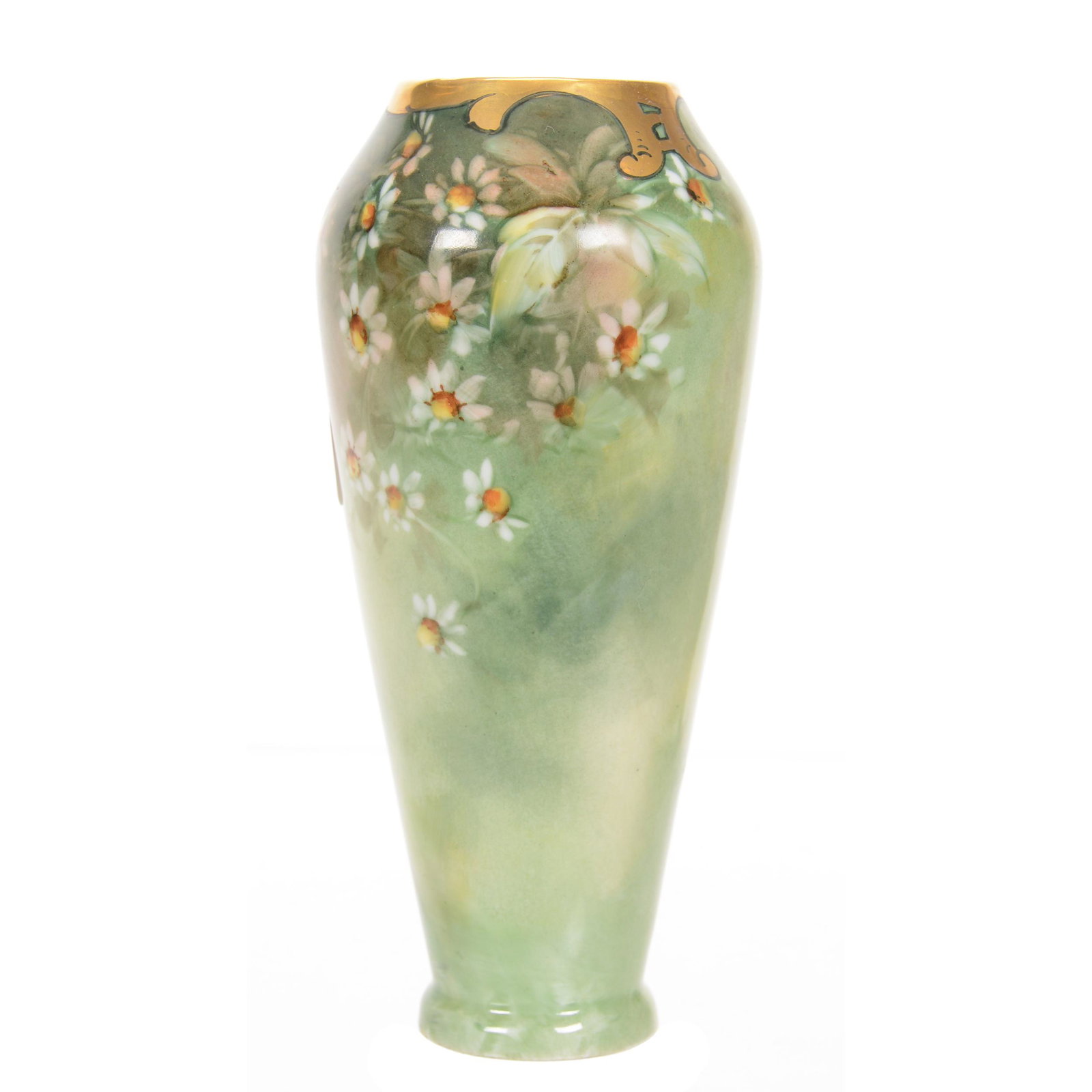 Vase Marked Pickard: Vase Marked Pickard, 6.75" x 3.25", Green Tones with Daisy Decor, Gold Trim, Artist Signed "HR" for Howard Reury, Circa 1905-1910, Private Collection, IL