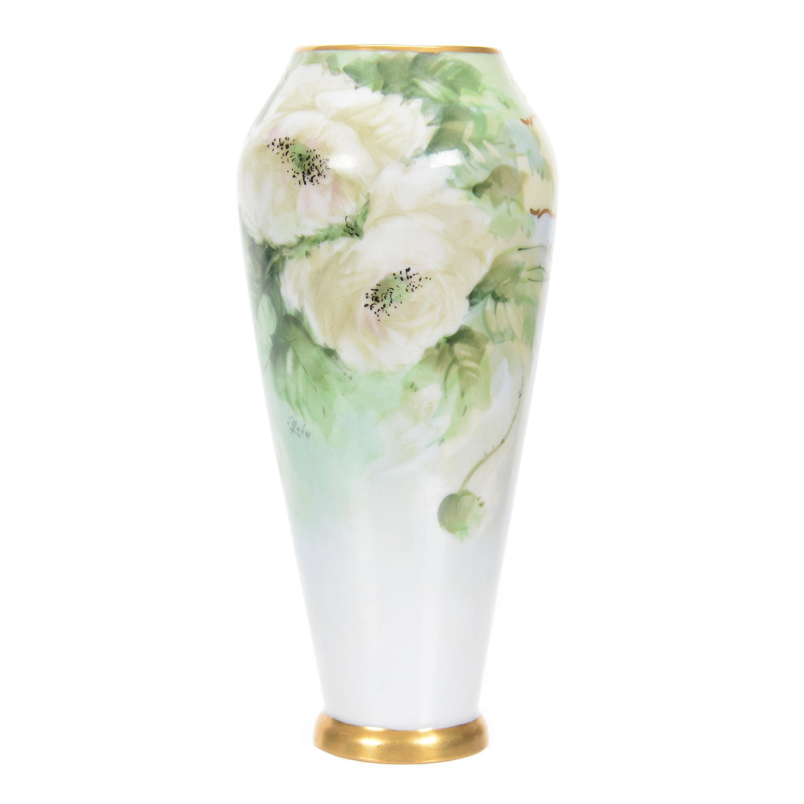 Vase Marked Pickard: Vase Marked Pickard, 6.75" x 3.25", White, Blue, and Yellow Tones with White Poppy Decor, Gold Trim, Artist Signed "C. Hahn" for Charles Hahn, Circa 1905-1910, Private Collection, IL