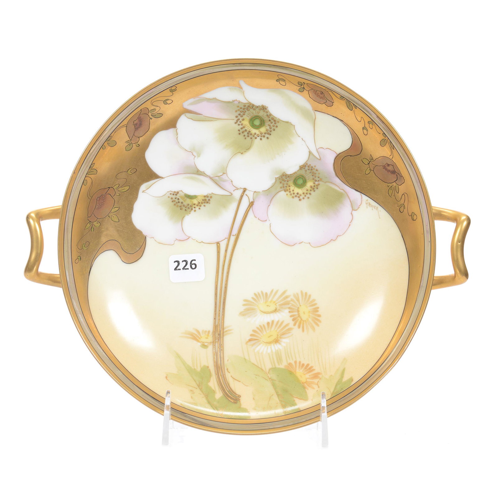 Pedestal Bowl Marked Pickard, Two Handles: Pedestal Bowl Marked Pickard, Two Handles, 2.75" x 9" x 10.75", Cream Background with Daisy and White Poppy Decor, Heavy Gold Trim with Silver Band, Artist Signed "Gasper" for Paul D. Gasper, Circa 19