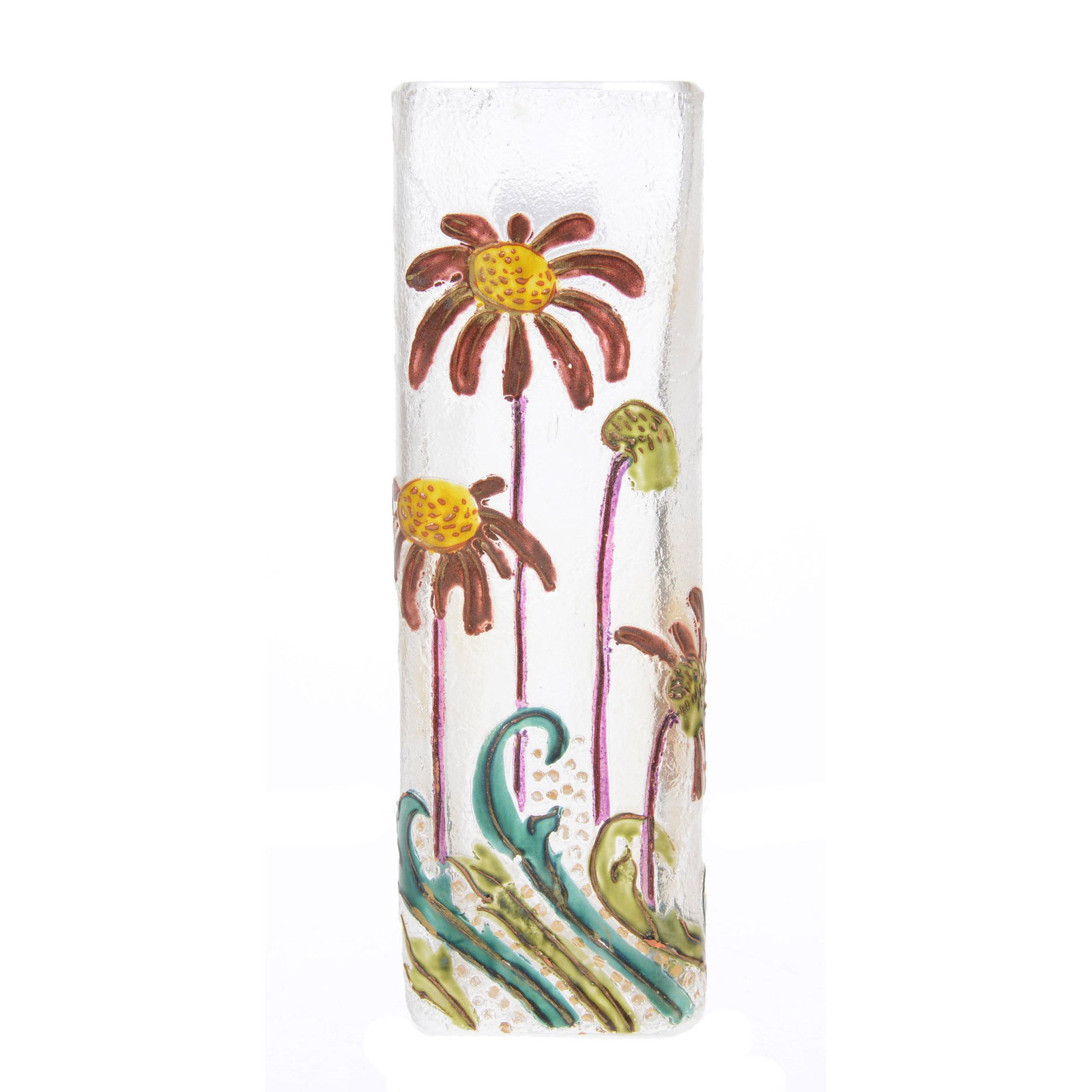 Square Vase Signed Mt. Joye: Square Vase Signed Mt. Joye, 6" x 2", Clear Frosted Background with Carved Floral Decor, Colorful Enamel Highlights, Private Collection