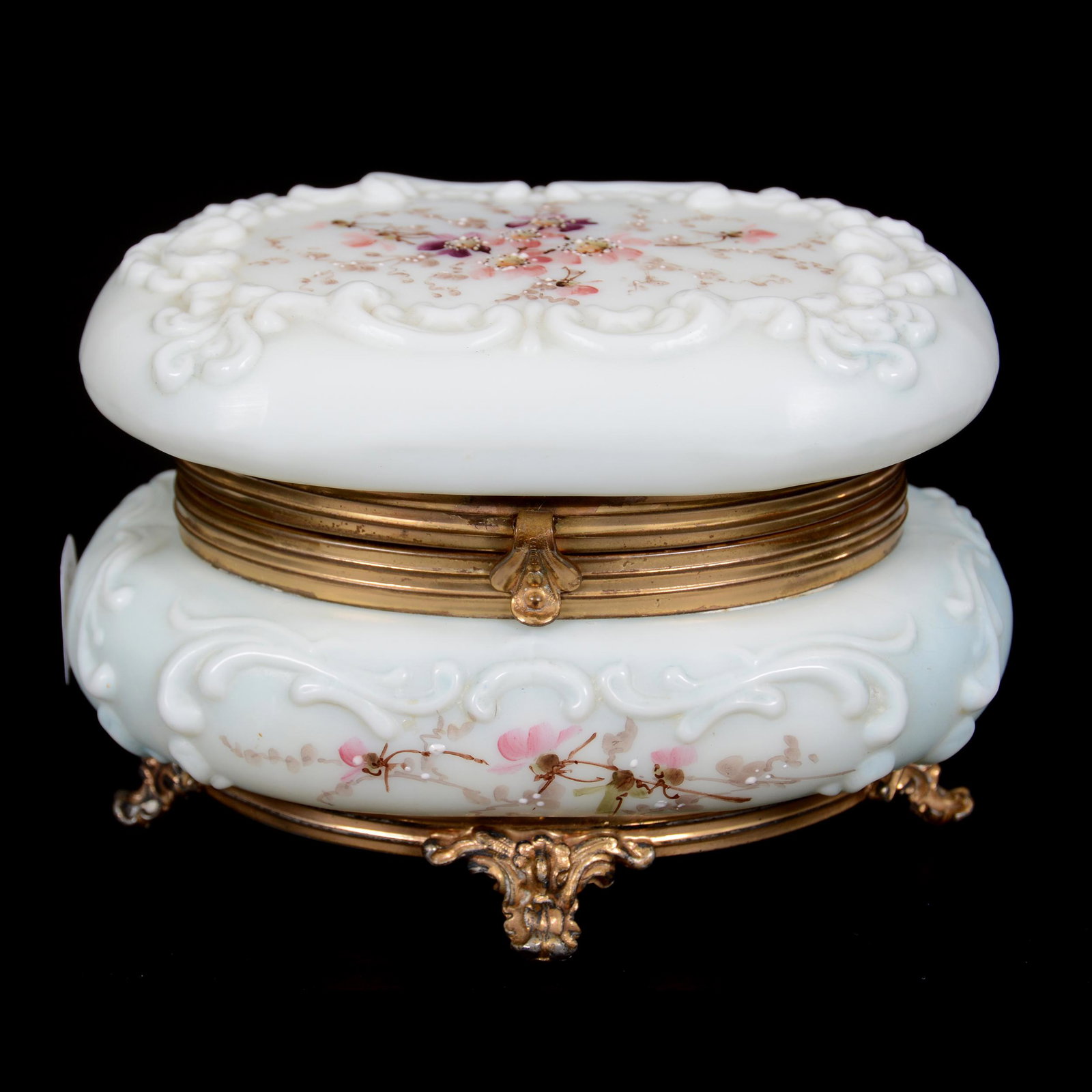 Hinged Jewel Box, Wave Crest Stamp Mark: Hinged Jewel Box, Wave Crest Stamp Mark, 3.75" x 5.5", Oval, Pale Blue and White Tones with Pink Floral Decor, Scroll Mold, Gilt Metal Feet, The Bishop Collection, OH