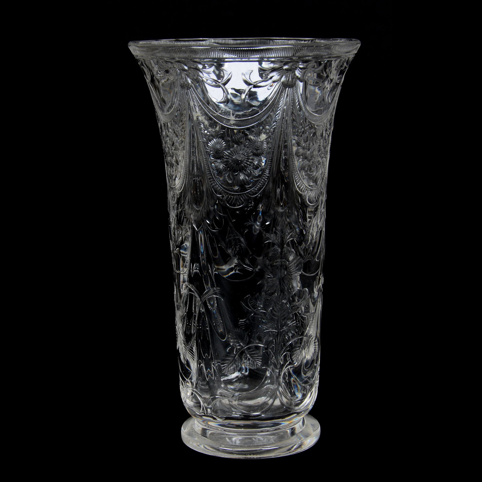Vase, Rock Crystal Attributed to Webb: Vase, Rock Crystal Attributed to Webb, 8" x 4.5", Engraved Floral Garland and Drapery Design, Polished Pontil Base, Private Collection