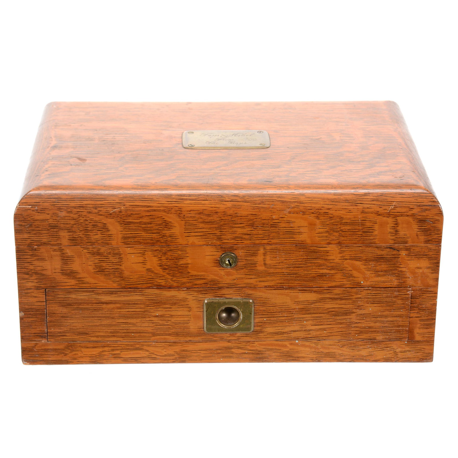 Presentation Silver Chest: Presentation Silver Chest, 6.5" x 14" x 9.5", Quarter Sawn Oak Case, Drawer and Lift-Up Lid to Reveal Velvet Lined Maroon Interior, Brass Plaque on Lid Reads "Tom and Mabel from the Boys", West Coast 