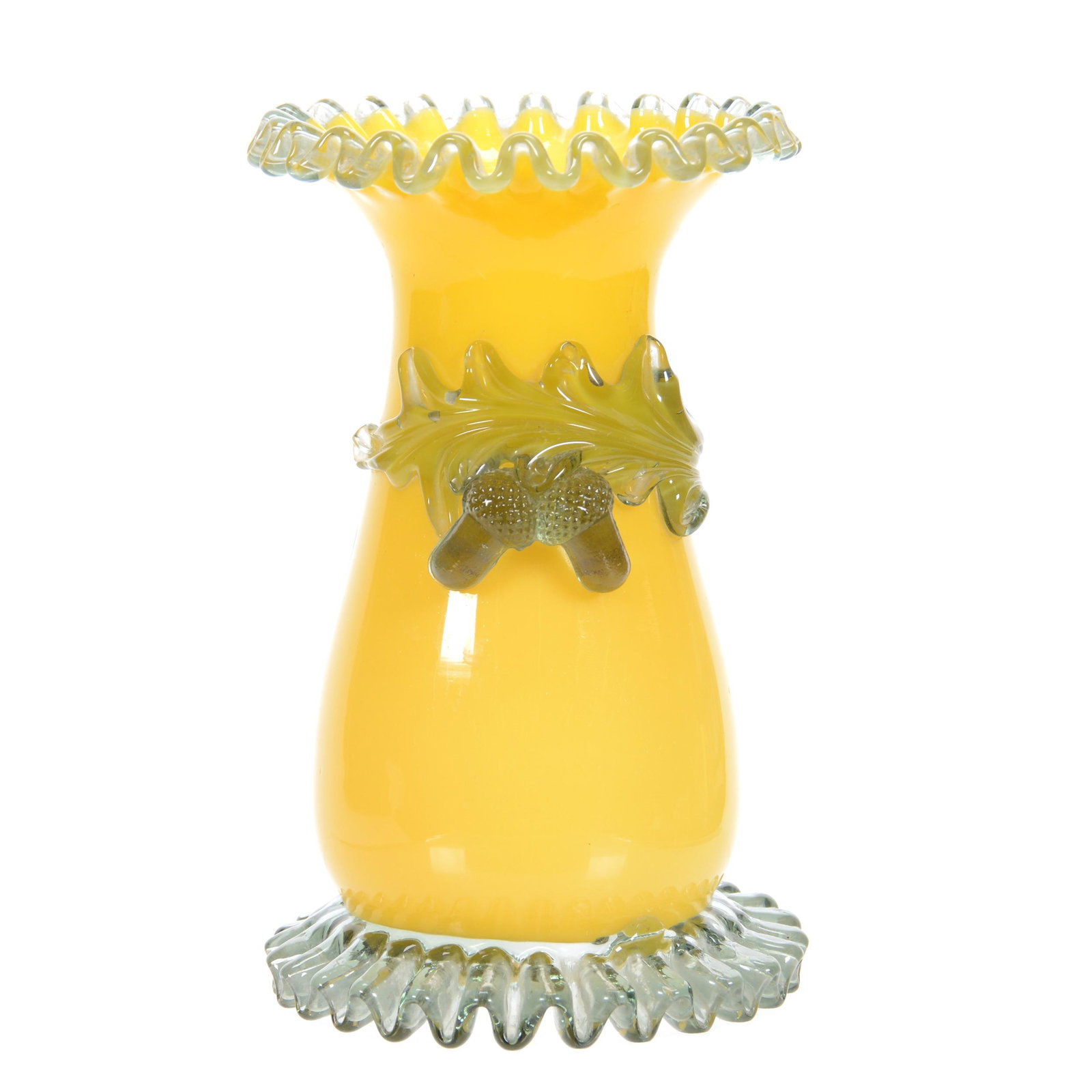 Vase, Art Glass, Solid Yellow with Applied Trim: Vase, Art Glass, Solid Yellow with Applied Trim, 7.25" x 4.5", Applied Aqua Glass Rim and Feet, Applied Acorn Decor, Attributed to Stevens & Williams, Private Collection