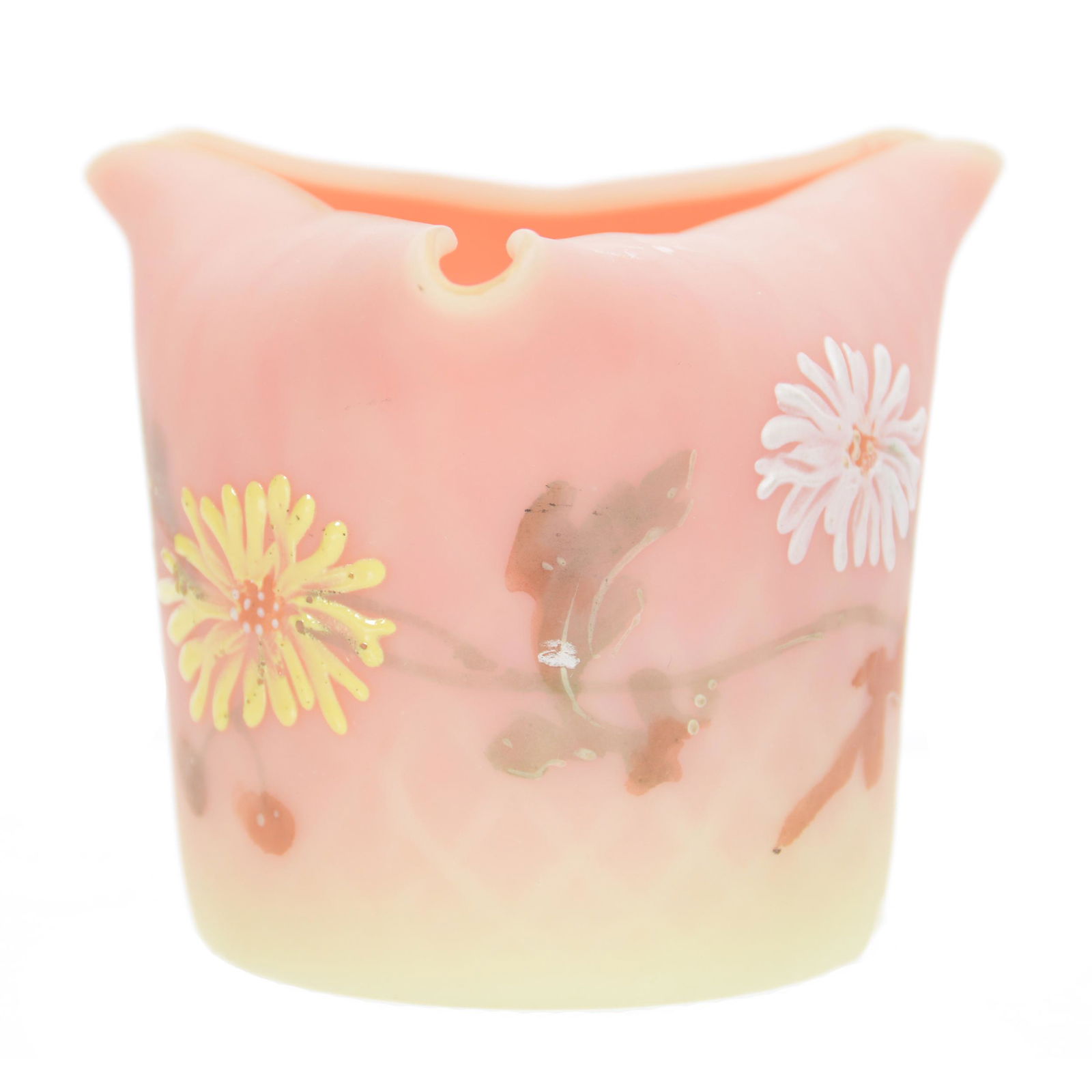 Toothpick Holder, Decorated Mt. Washington Burmese: Toothpick Holder, Decorated Mt. Washington Burmese, 2" x 2.25", Tri-Corner Top, Enamel Floral Decor, Private Collection