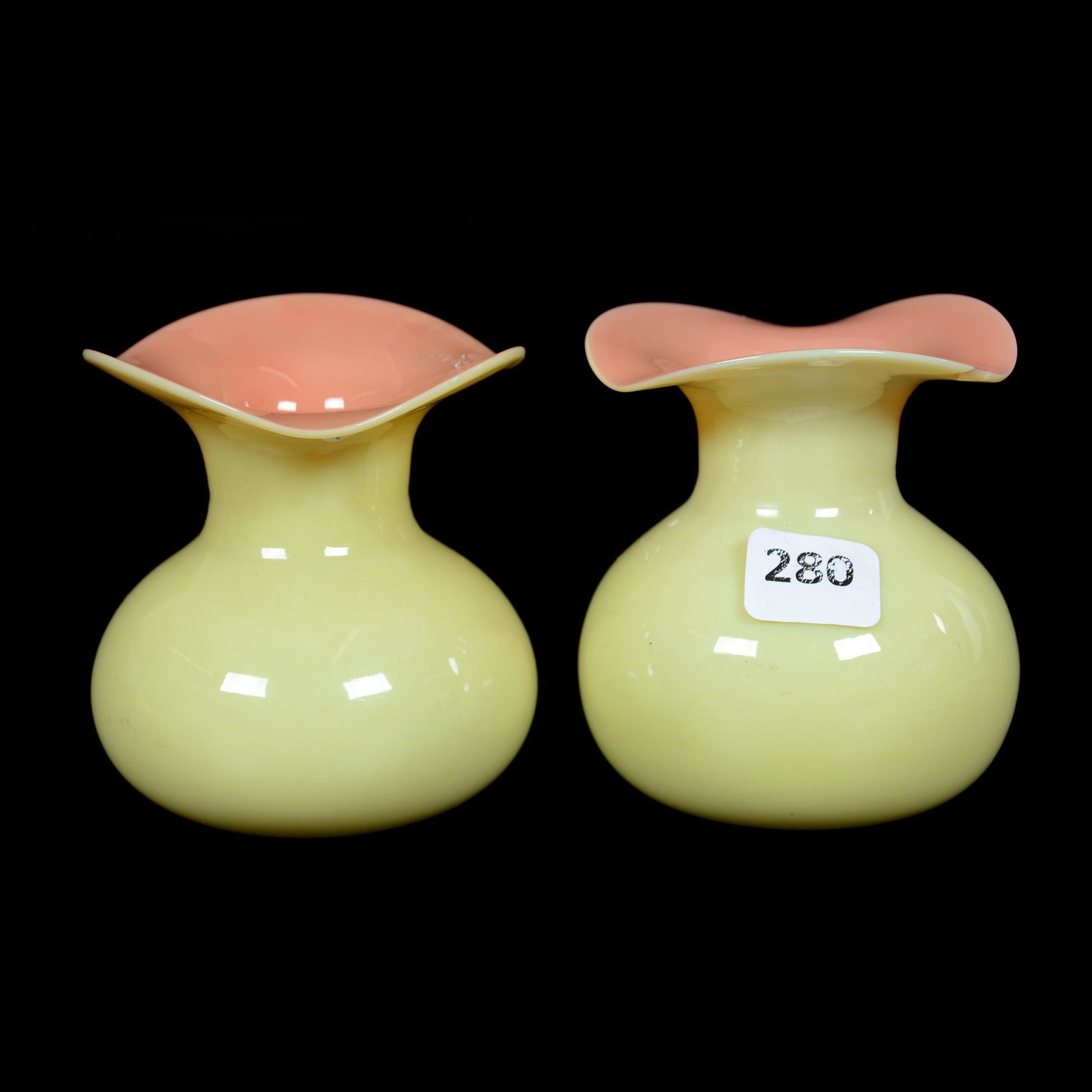 Pair Vases, Mt. Washington, Glossy Burmese Art Glass: Pair Vases, Mt. Washington, Glossy Burmese Art Glass, 3.25" x 3", Tri-Corner Ruffled Top, One Vase has Rim Chip, Private Collection. UPDATED 9-8-20: Added Maker.