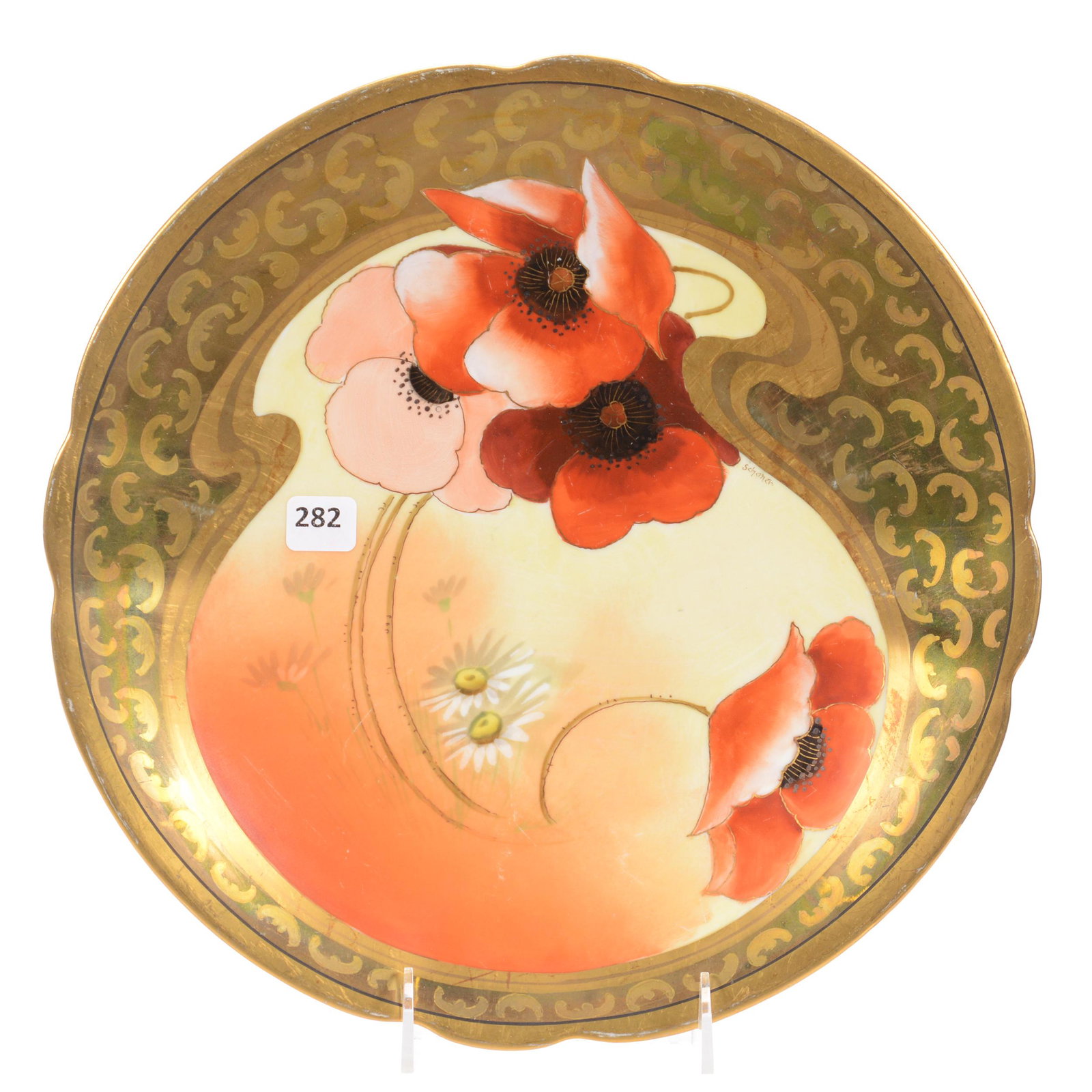 Charger Marked Pickard, Poppy and Daisy Design: Charger Marked Pickard, Poppy and Daisy Design, 12.5", Yellow and Rust Background with Poppy Decor, Iridescent Gold Border, Artist Signed "Schoner" for Otto Schoner, Circa 1905-1910, Private Collectio