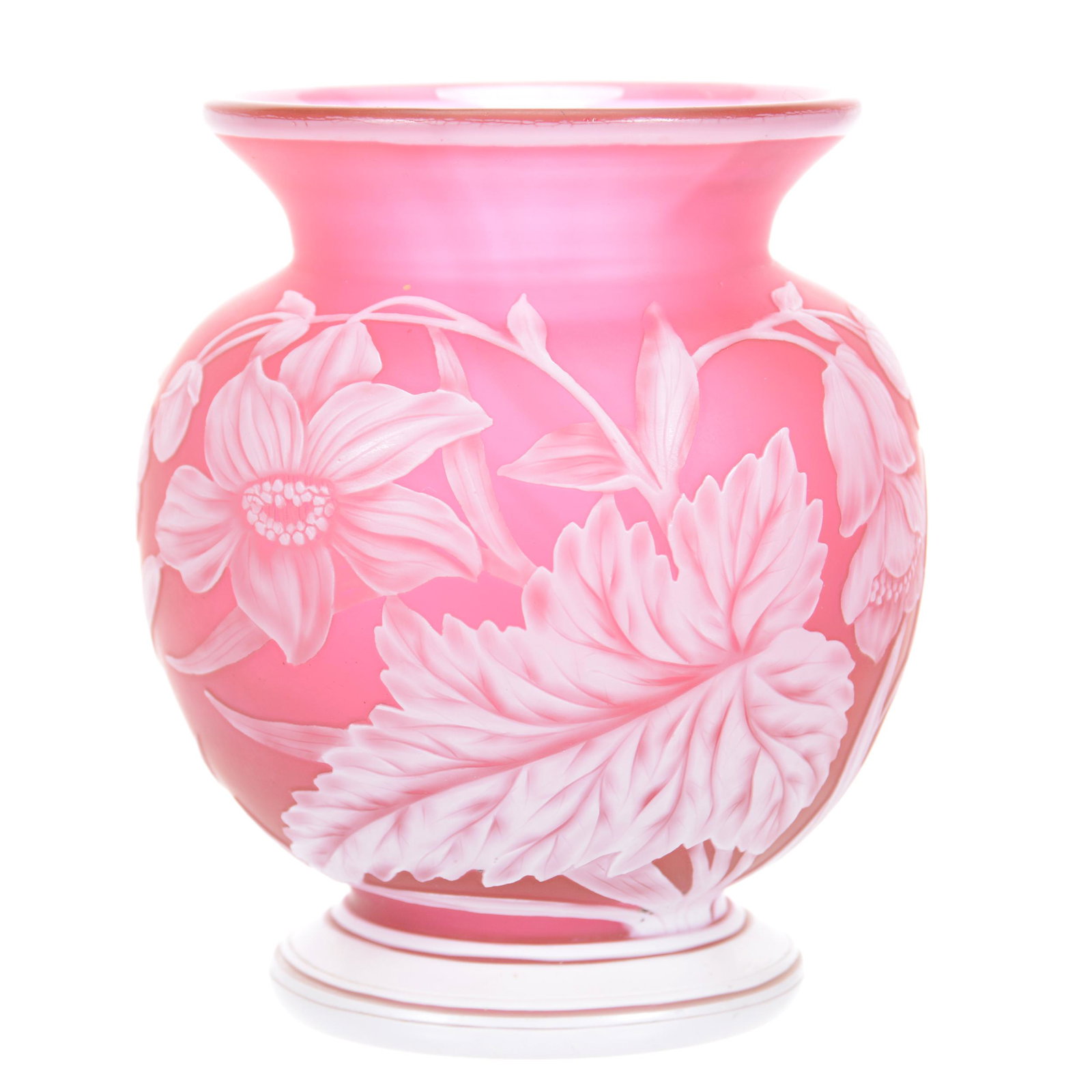 Vase, Marked Webb English Cameo: Vase, Marked Webb English Cameo, 4.25" x 3.5", Two Color, Cranberry with White Cameo Carved Overlay, Floral Blossom and Leaf Design, Private Collection