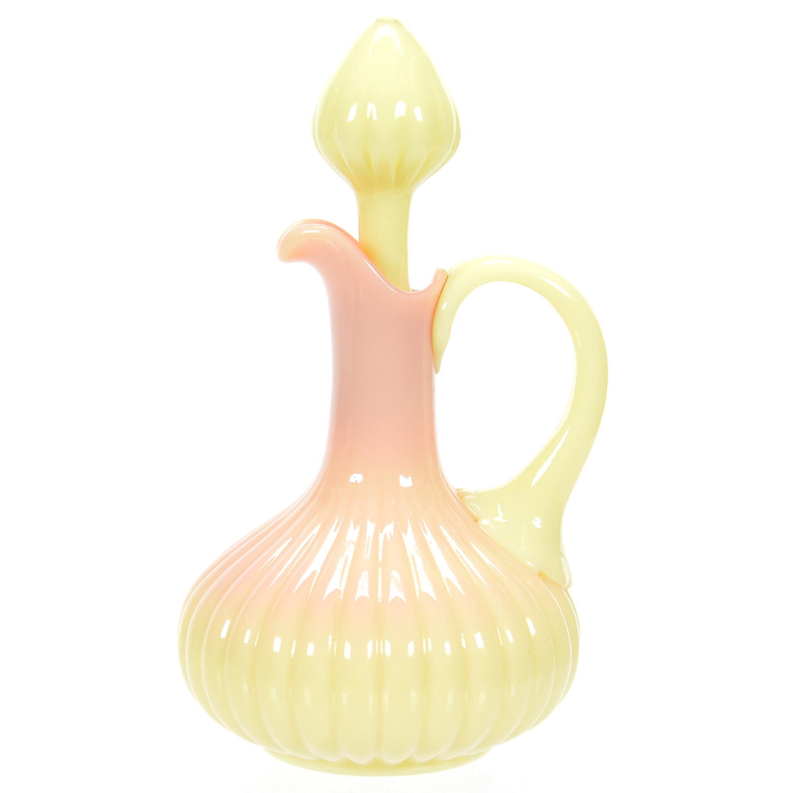 Cruet, Glossy Burmese Art Glass Att to Mt. Washington: Cruet, Glossy Burmese Art Glass, Attributed to Mt. Washington, 6.5", Ribbed, Small Rim Chip Which Can be Felt but not Seen Easily, Private Collection. UPDATED 9-8-20: Changed to Attribution.