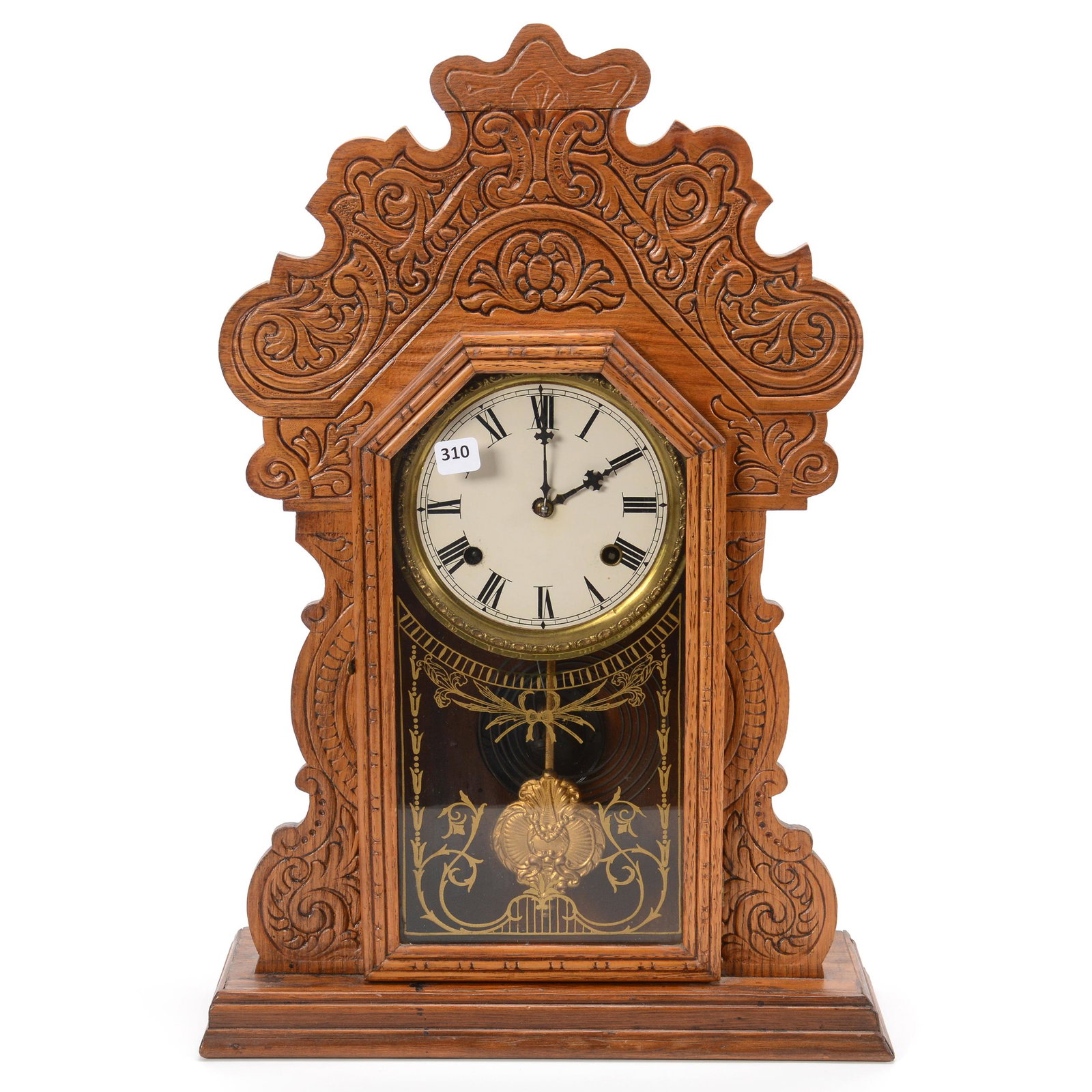 Waterbury Oak Kitchen Shelf Clock: Waterbury Oak Kitchen Shelf Clock, 21" x 14.5", Repair to Top of Oak Frame, Sells with Key and Pendulum, Partial Paper Label on Back, West Coast Collection