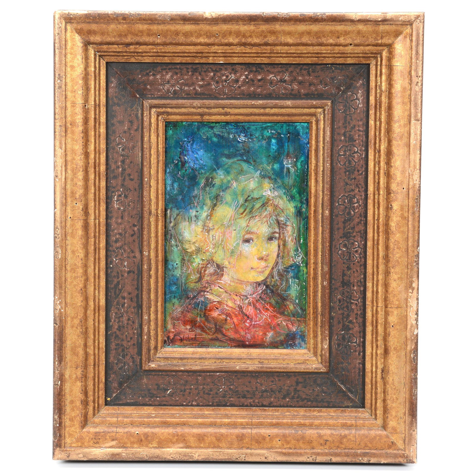 Original Painting on Board by Edna Hibel (1917-2014): Original Painting on Board by Edna Hibel (1917-2014), 8.5" x 5.5", American Artist, Original Oil Titled "Celia", Mounted in Original Wood Frame Measuring 16.25" x 13.25", Private Collection, IN