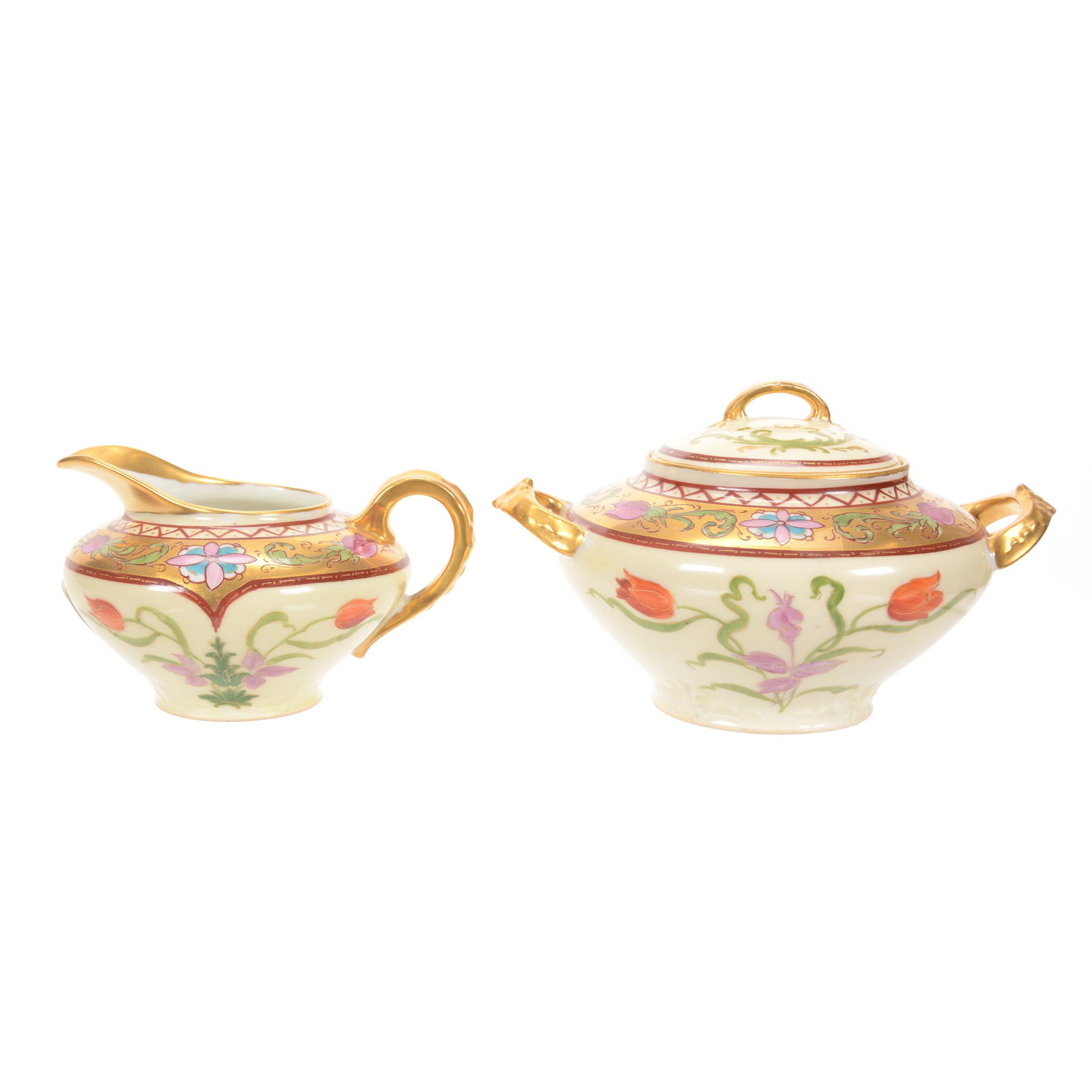 Creamer & Sugar Set Marked Pickard: Creamer & Sugar Set Marked Pickard, Yellow Background with Red Tulip Decor, Gold and Maroon Border with Colorful Floral Highlights, Artist Signed "Brauer" for Julius Brauer, Circa 1898-1903, Private C